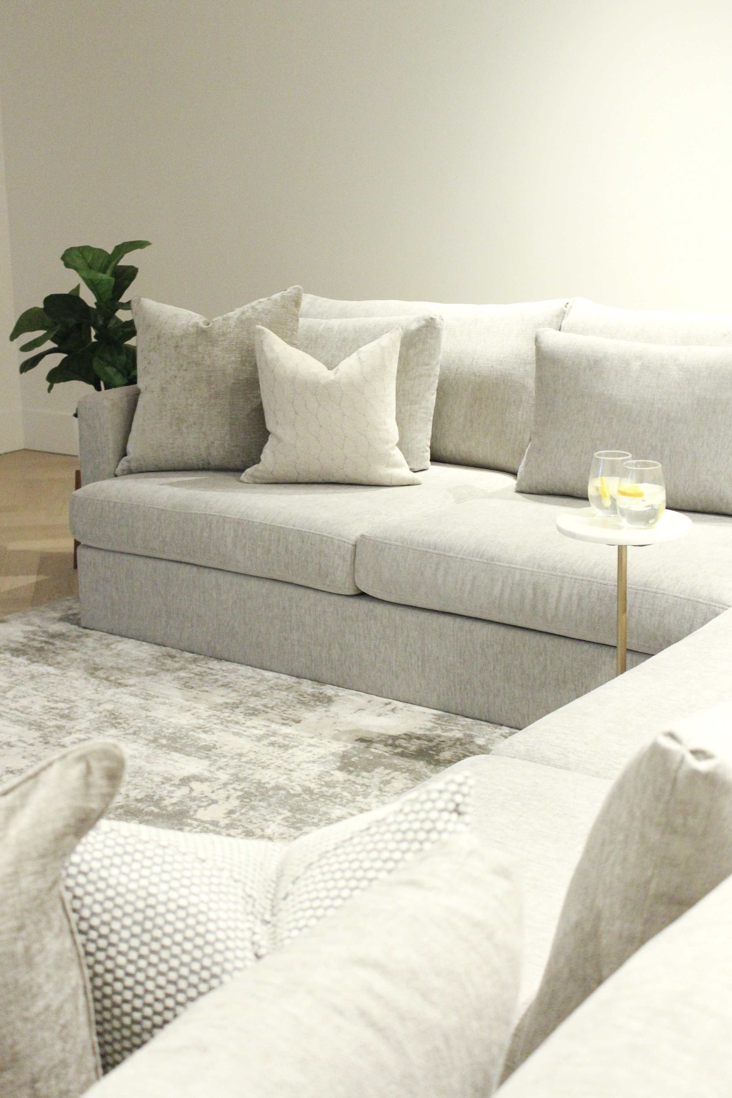 A living room with a light-colored sofa, multiple throw pillows, a side table with glasses of water and lemon, a beige rug, and a green plant in the corner.