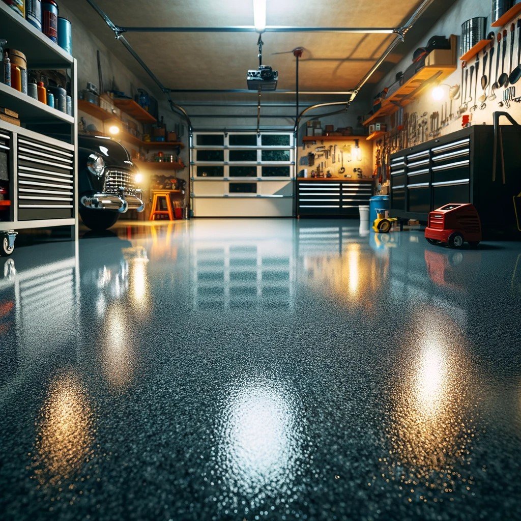DALL·E 2024-03-05 16.14.07 - An image showcasing a garage floor coated with epoxy, revealing a glossy and smooth finish. The garage is partially visible, with the focus on the flo.jpeg