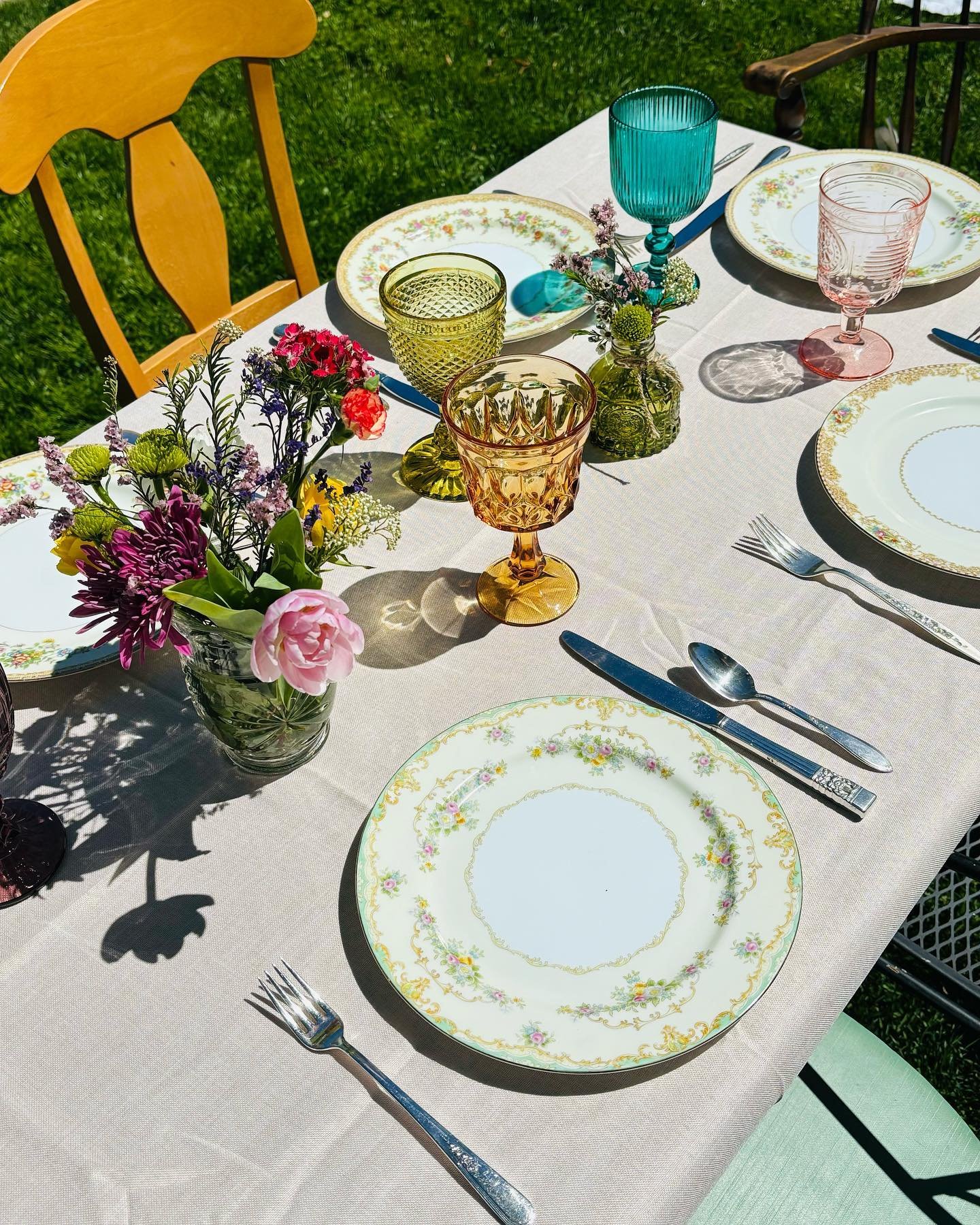 Today we were delighted to host a beautiful Mother&rsquo;s Day Garden  Party featuring colorful goblets and Noritake China in mismatched yet similar patterns. We have the best moms and aunts around and were so glad to spend the day making them feel e