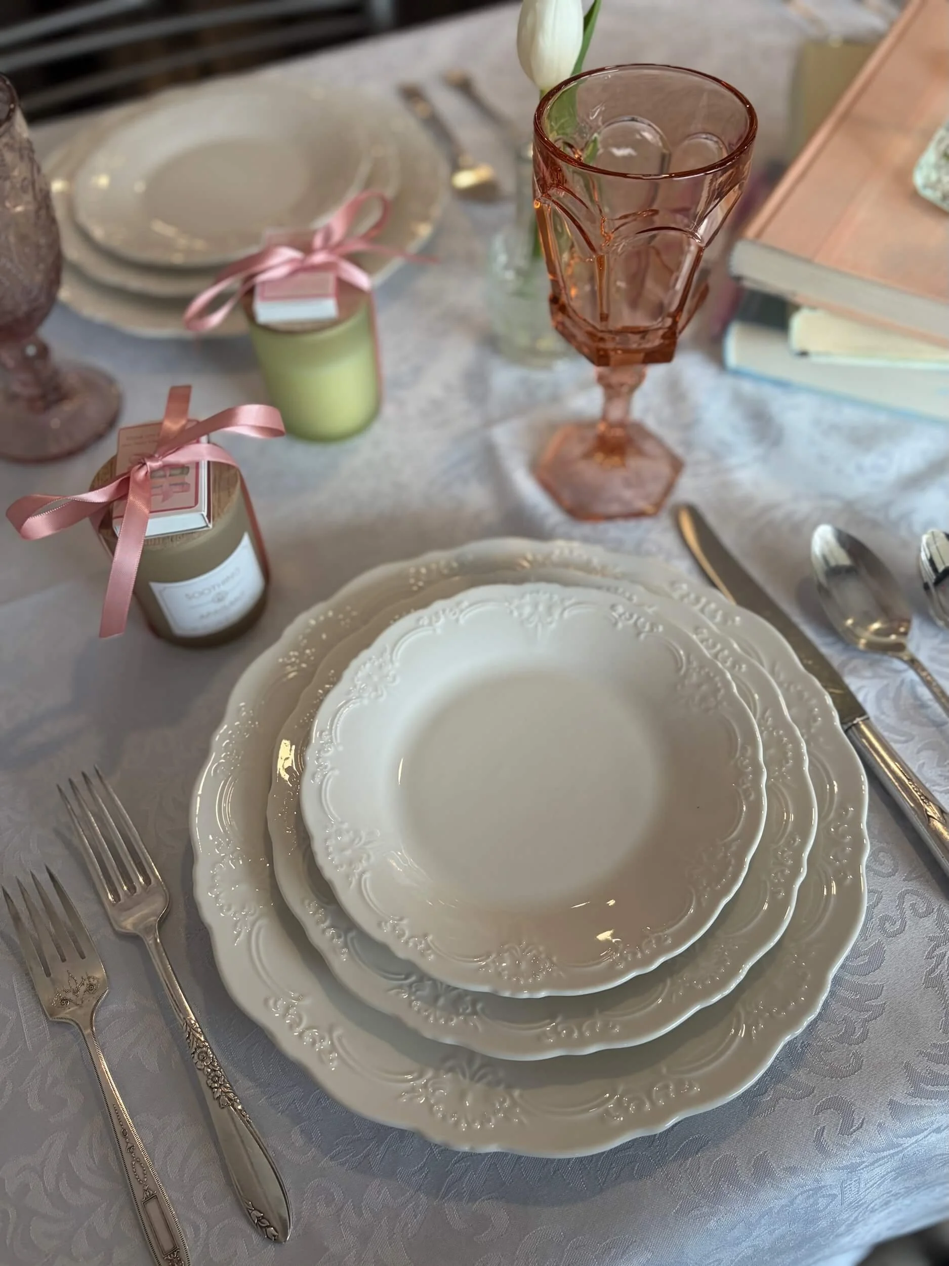Vera White Plate Rentals with Pink Goblets.jpeg