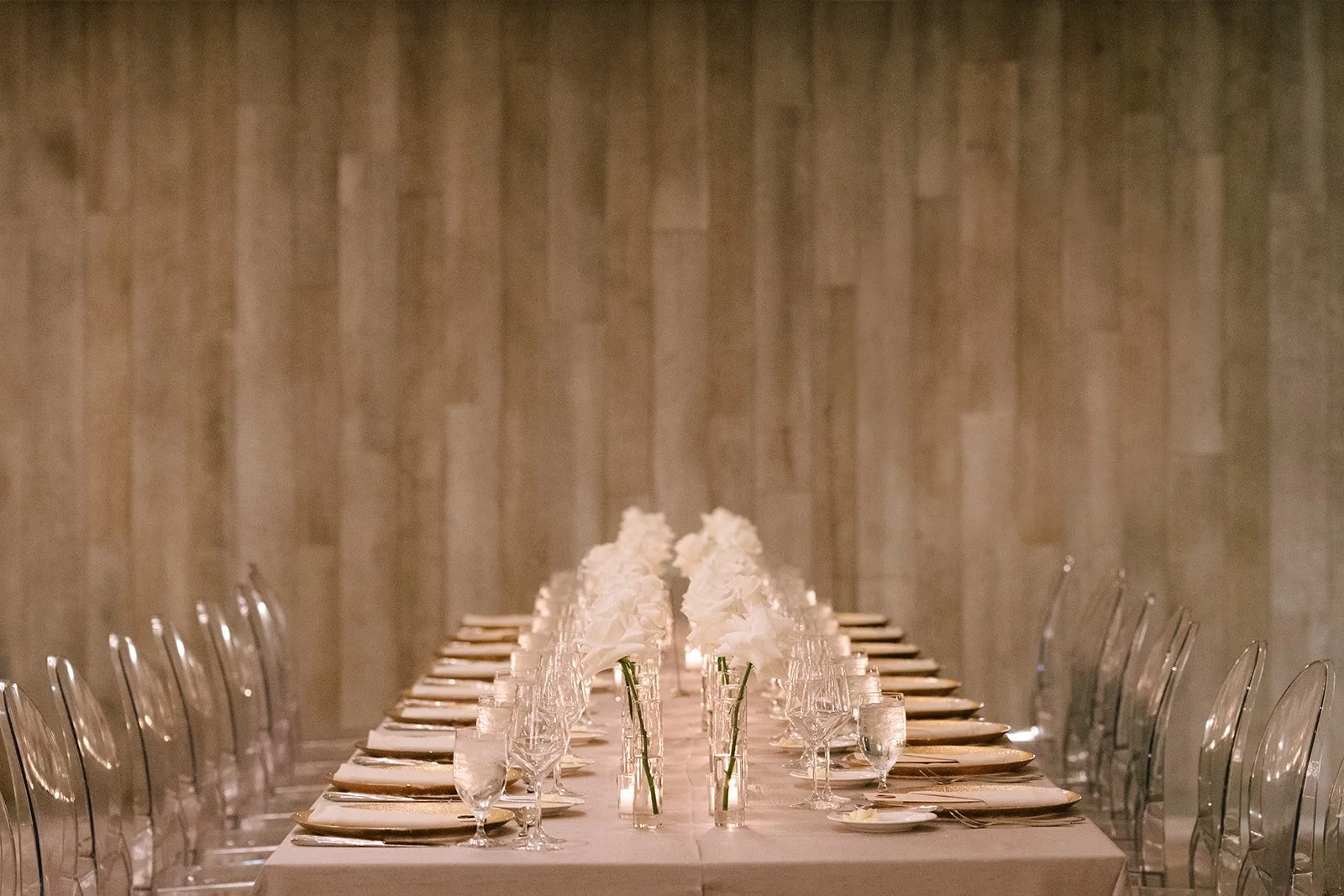 wedding reception minimalist maximalist all white table settings reception banquet tables