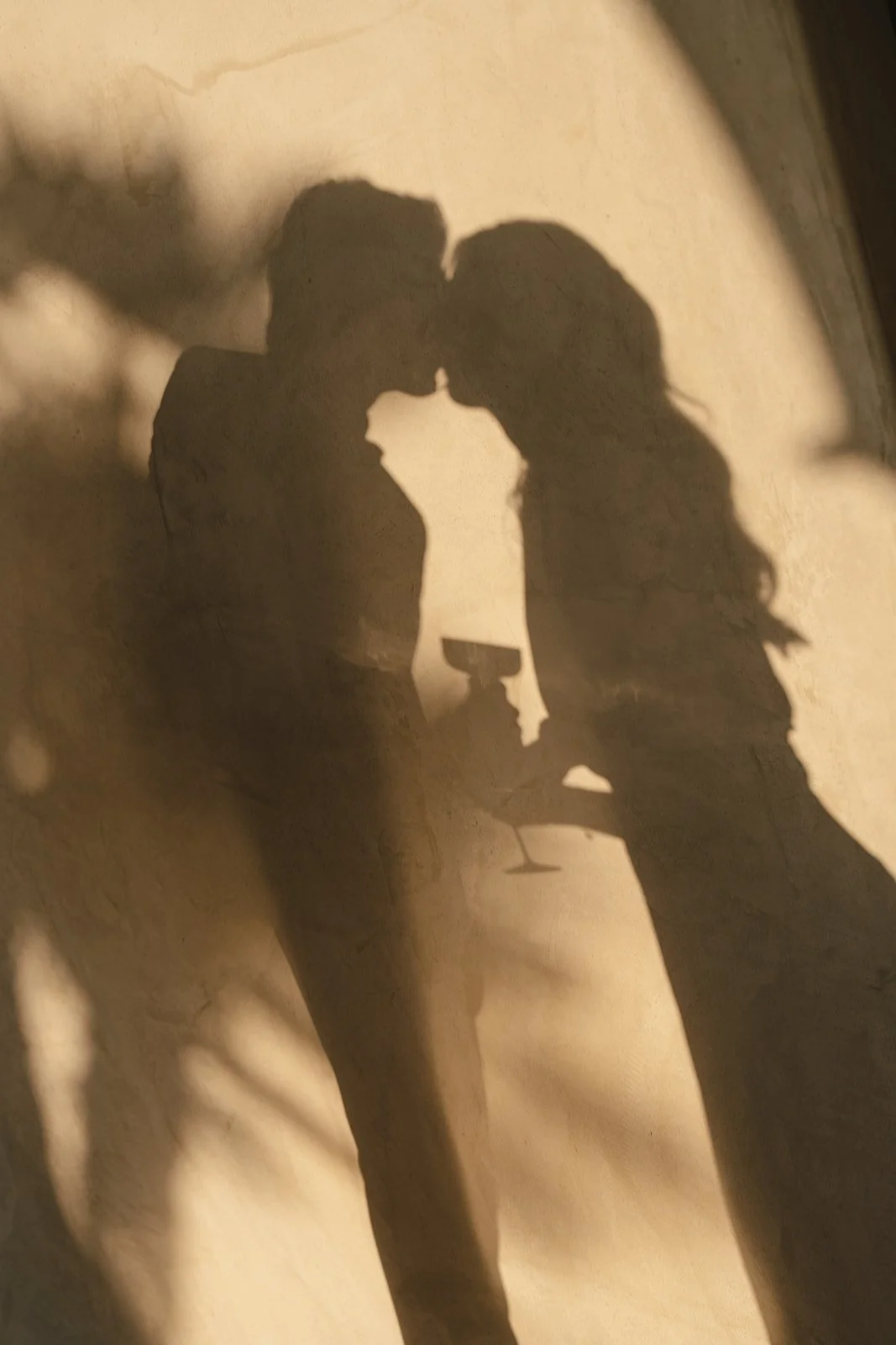A silhouette of people kissing.