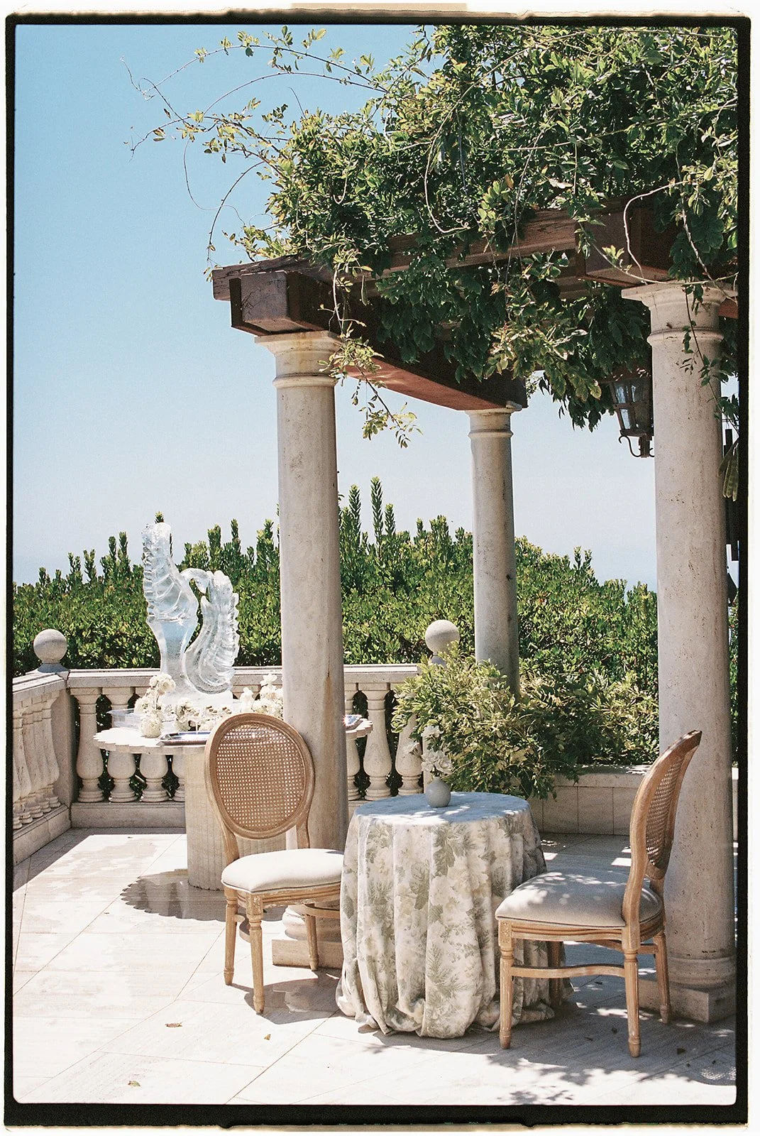 A seating area with an ice sculpture