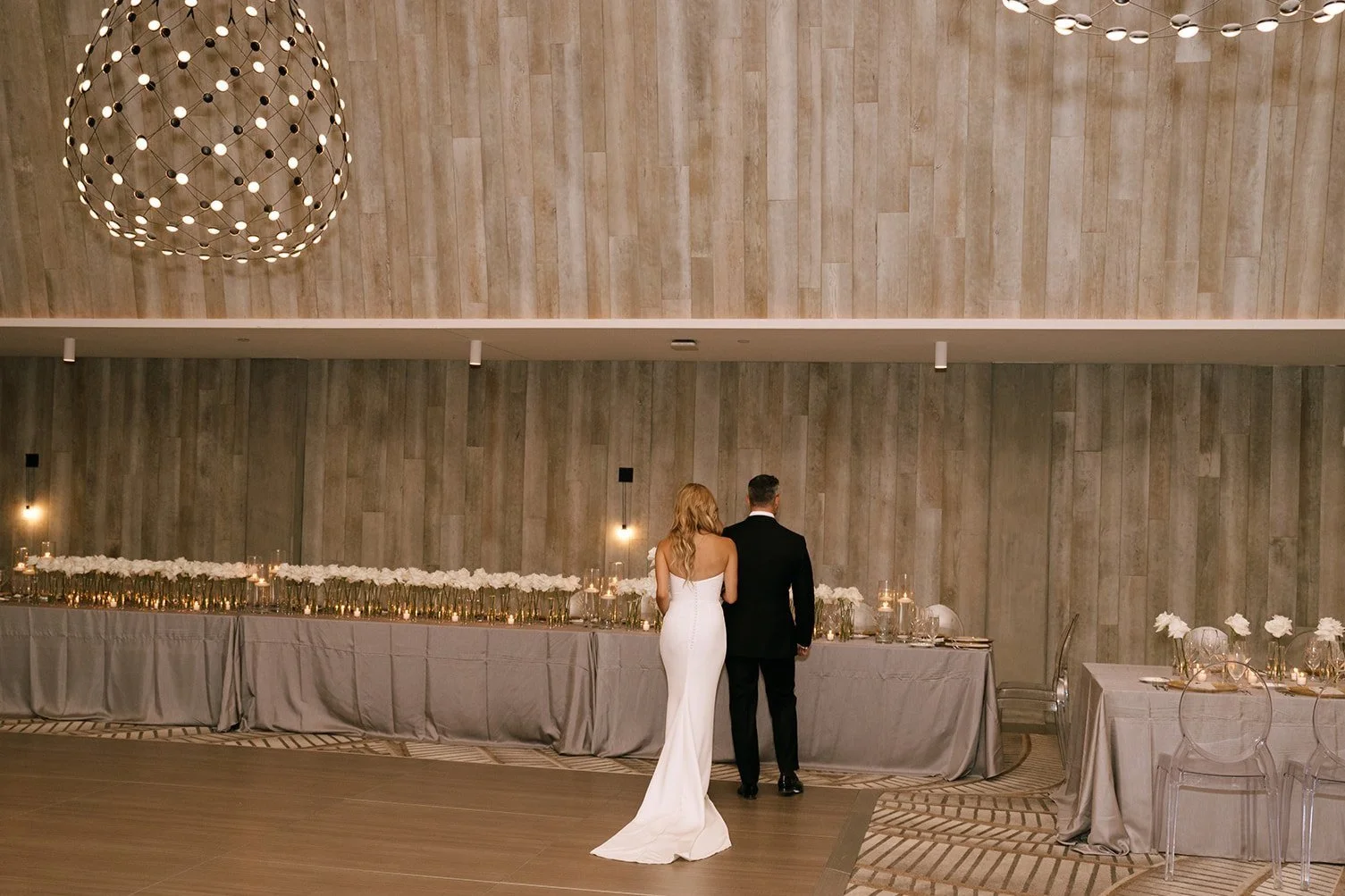 reception first look bride and groom modern luxury