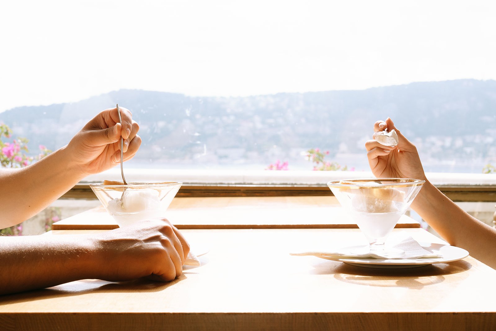 A close-up photo of the soon to be bride and groom's ice cream at the Tea Room Beatrice restaurant of the Villa Ephrussi overlooking the bay of Villefranche