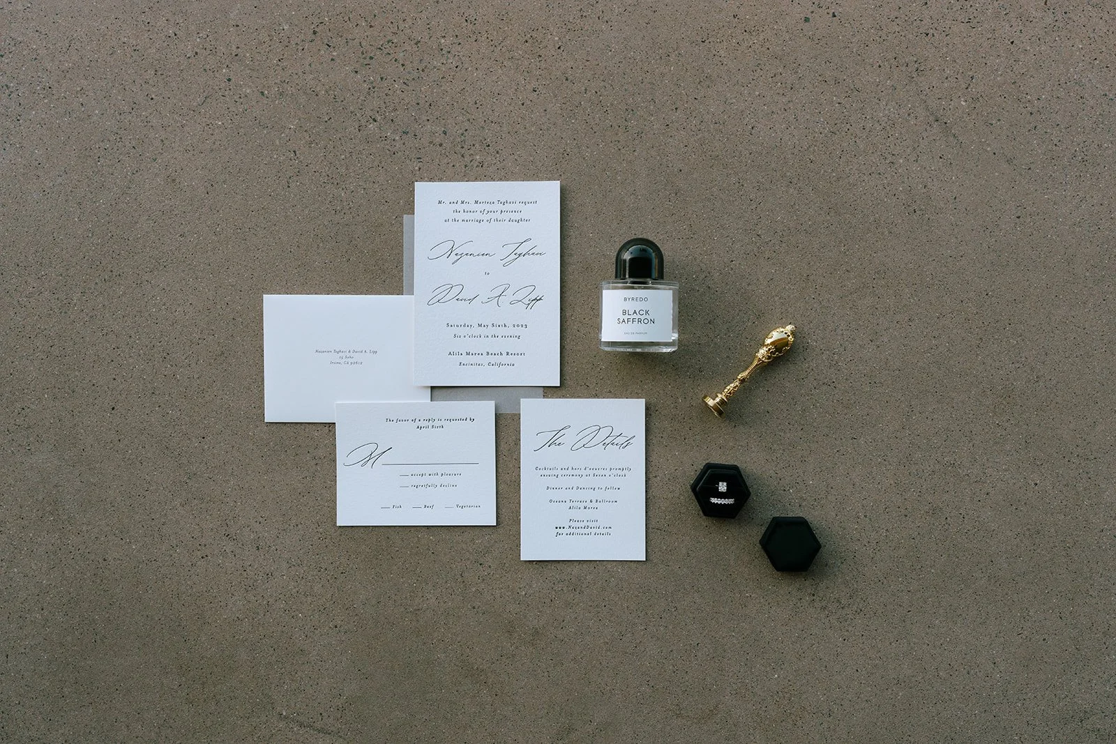 minimalist wedding details save the date invitation suite wax seal stamp luxury wedding perfume
