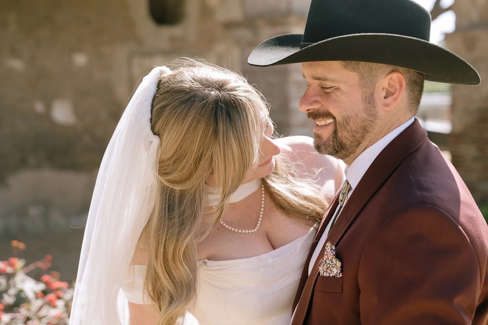 Newlywed couple laughing