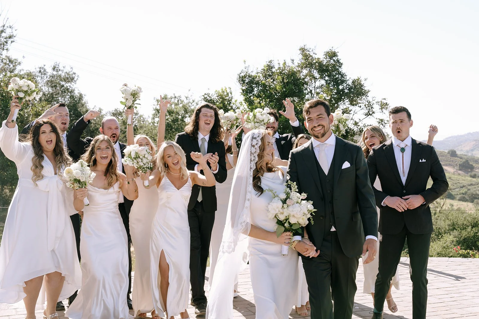 Wedding party celebrating and cheering