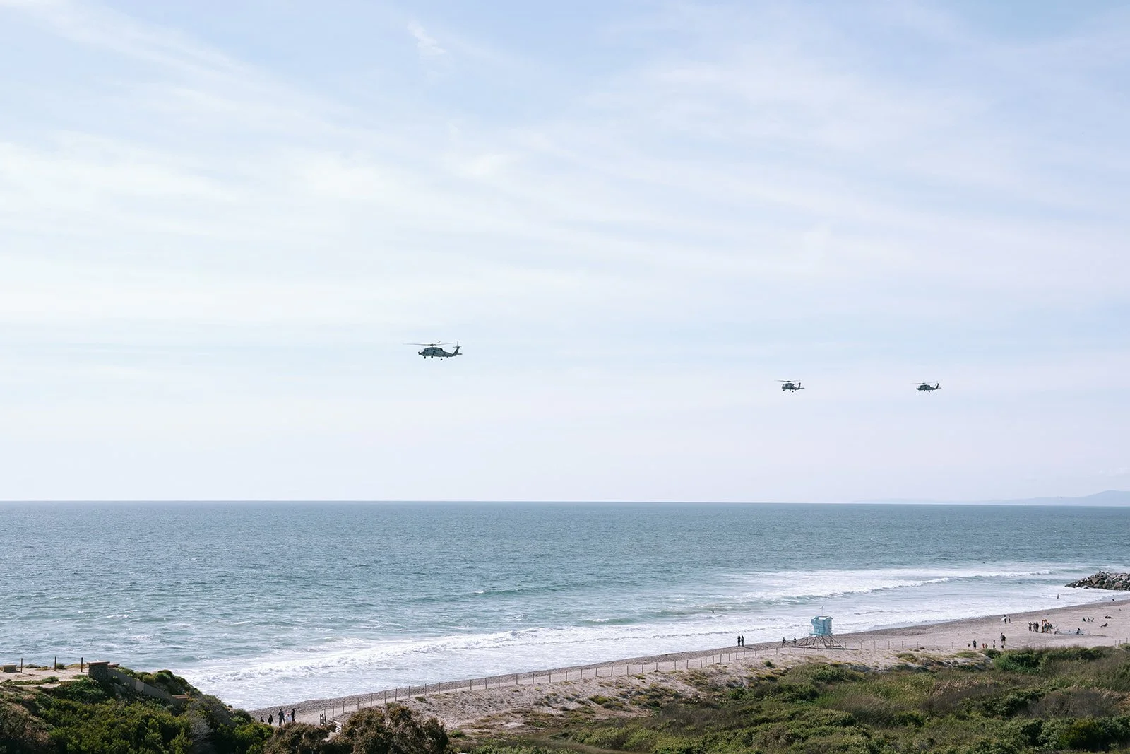 helicopters in the sky above the ocean in encinitas wedding