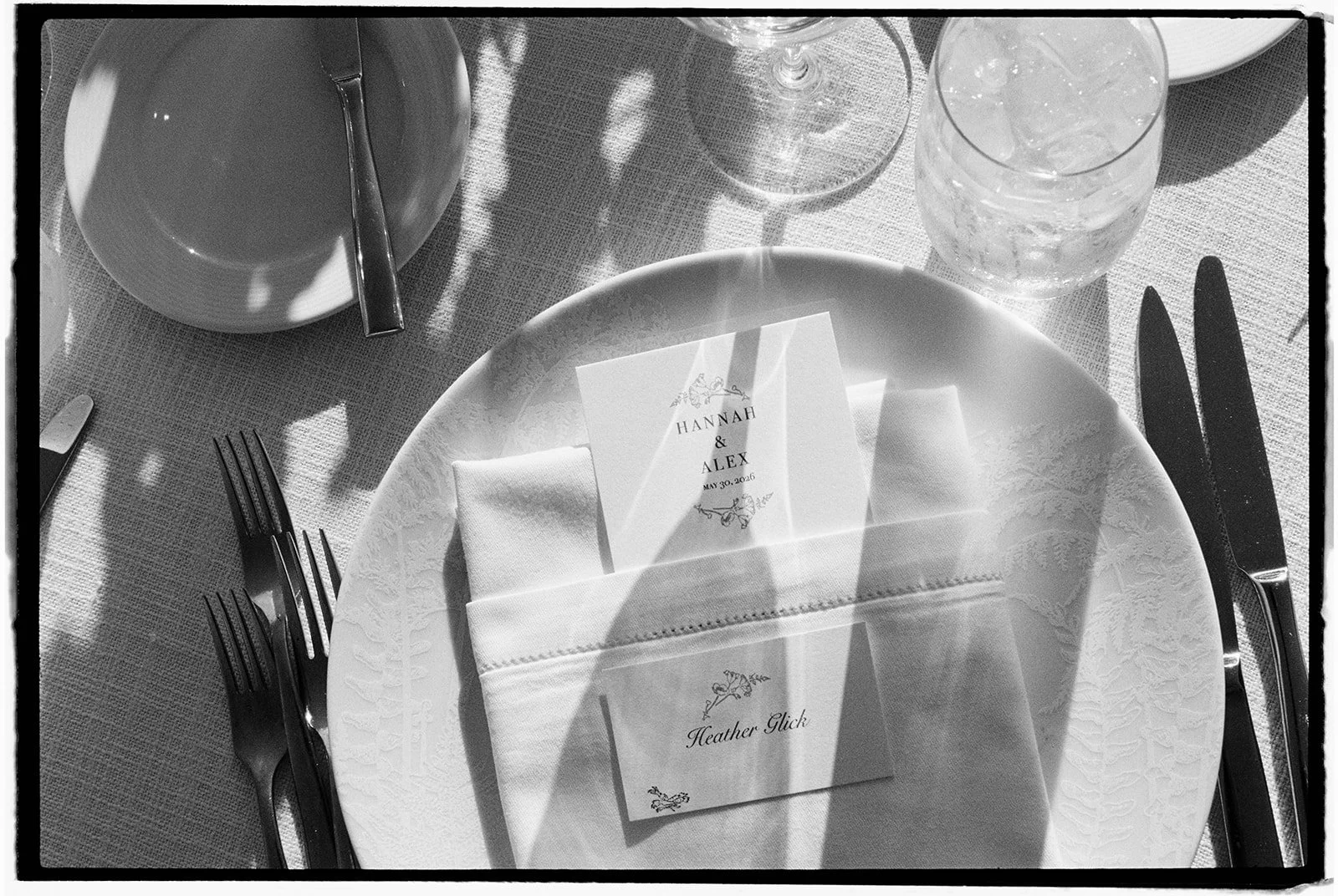  Dinner menus enclosed in linen napkins. 35 mm film. 