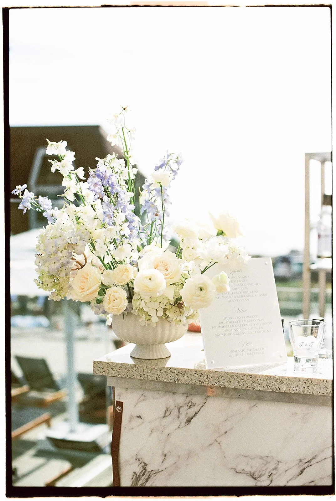 An arrangement of blue and white flowers