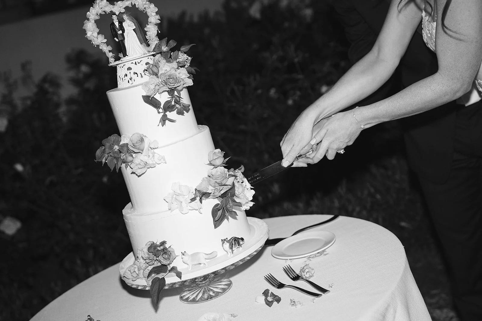  The bride and groom cutting the first slice of their three tier wedding cake with a vintage cake topper. Digital. 