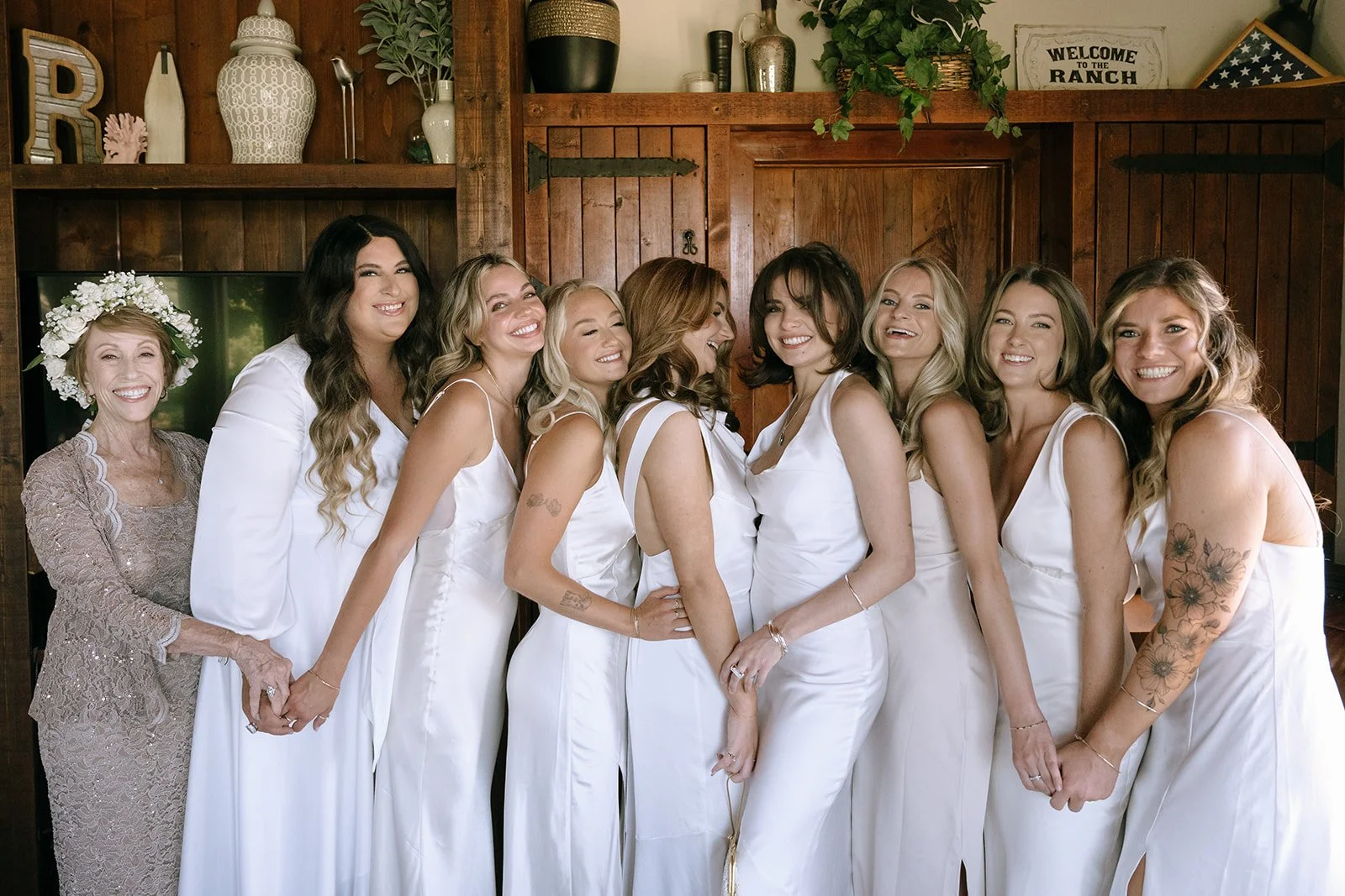 Bride and her bridal party, including a flower grandma
