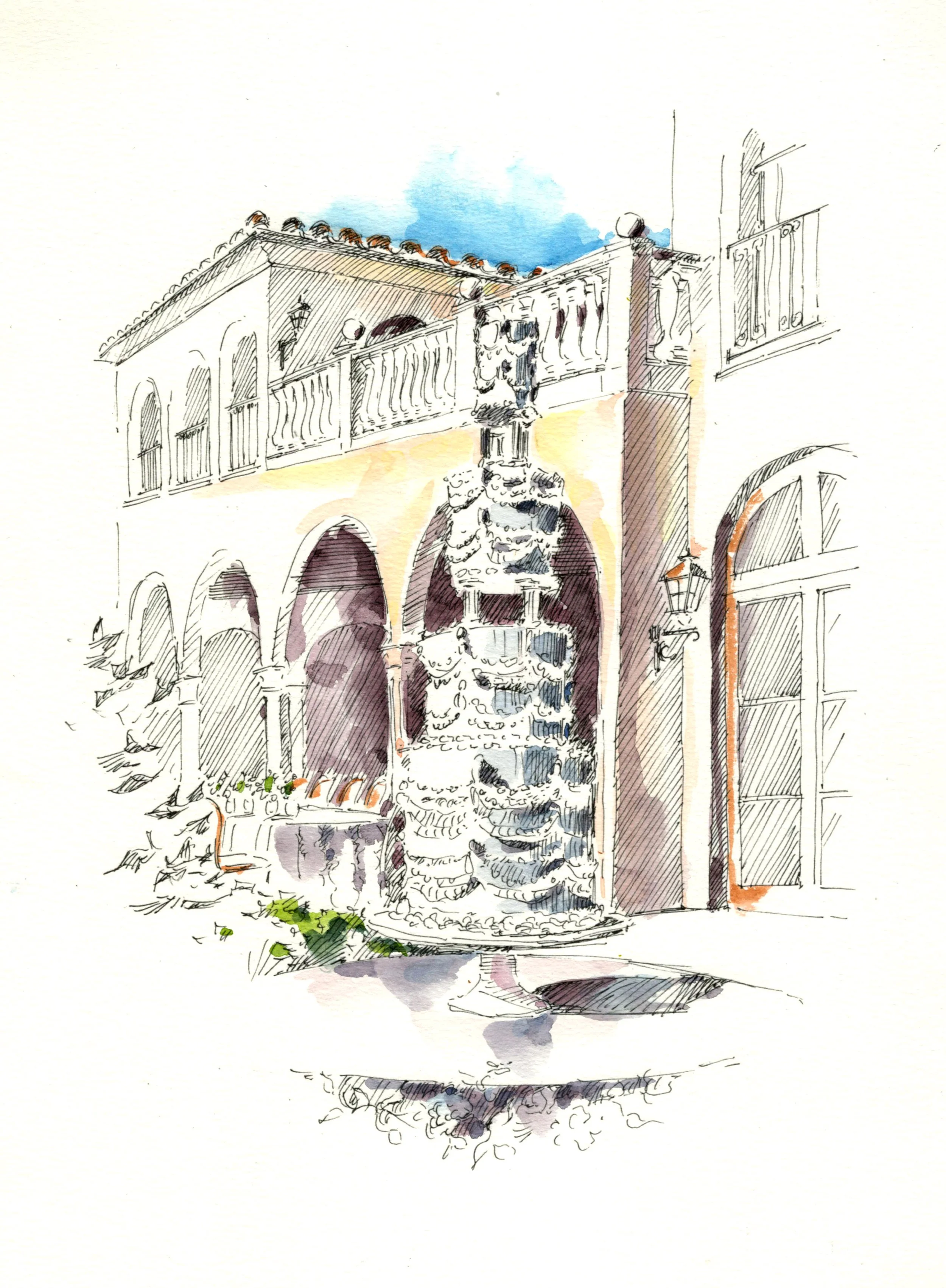 Watercolor painting of the four-tier wedding cake