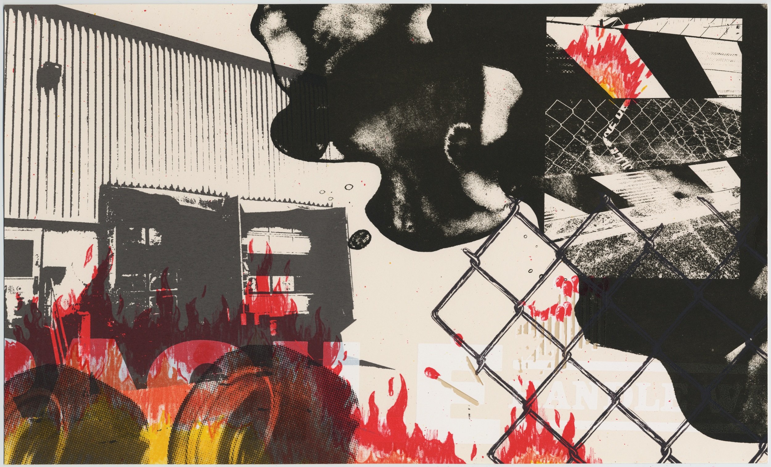 "Hand-in-hand, watching the pile of tires Burn" 2022, Lithography and Silkscreen with Relief, 10x16.5in