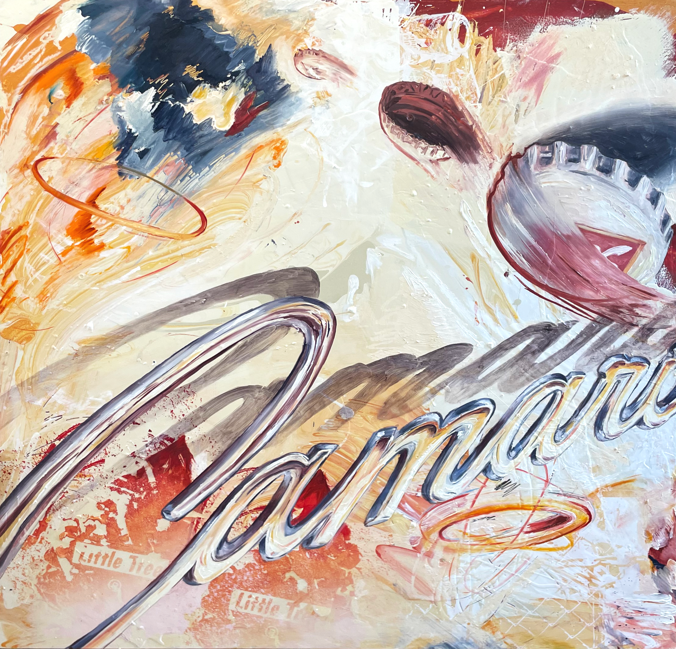 "New Bar Smell" 2024, Enamel with oil and Screenprint on panel, 65x65in