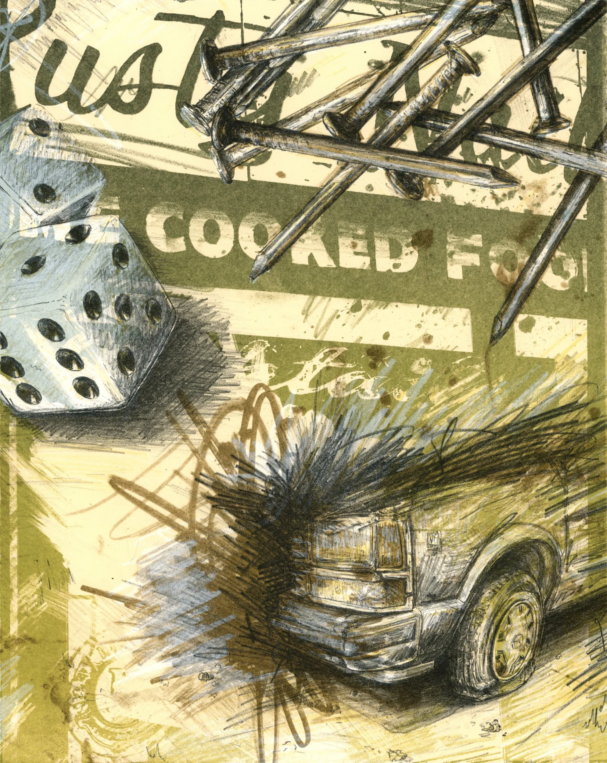 "Roadside Roulette (patch me up & we can go home)" 2026, Lithograph and Screenprint, 14x11in ('Leave A Mark' Portfolio Exchange)