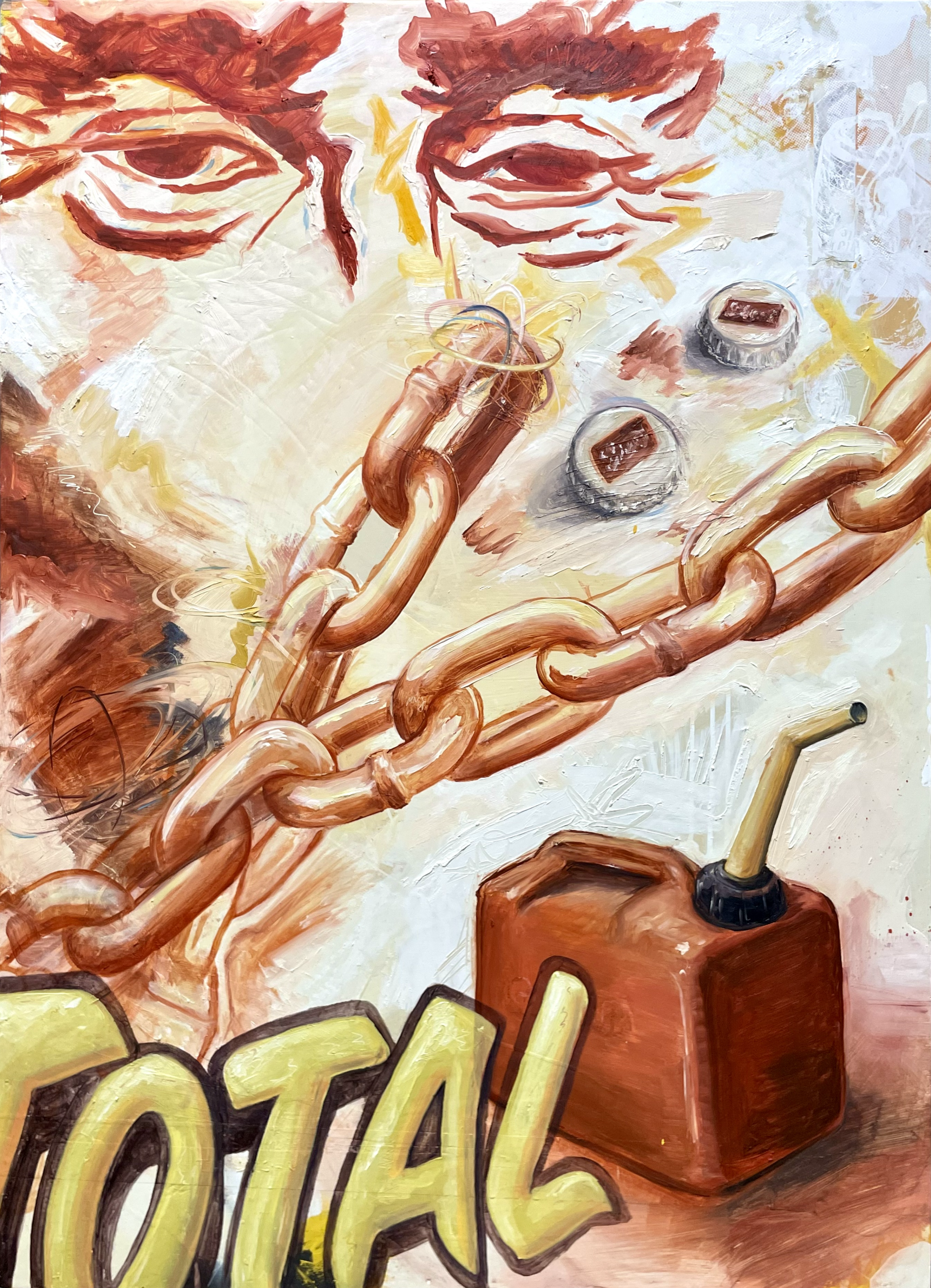"6am At The Pump (Hair of The Dog" 2024, Enamel with oil and screenprint on panel, 40x29in