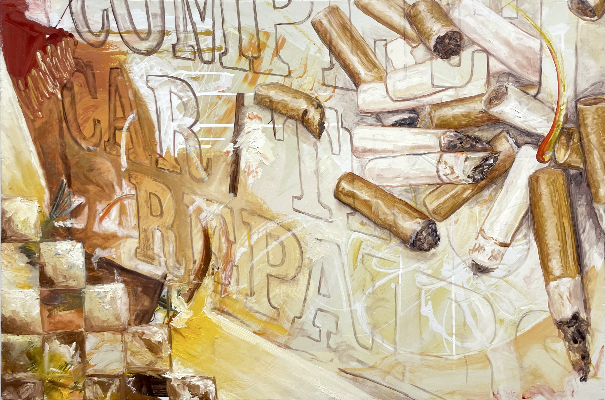 "Complete Repairs" 2025, Enamel with oil on panel, 24x36in