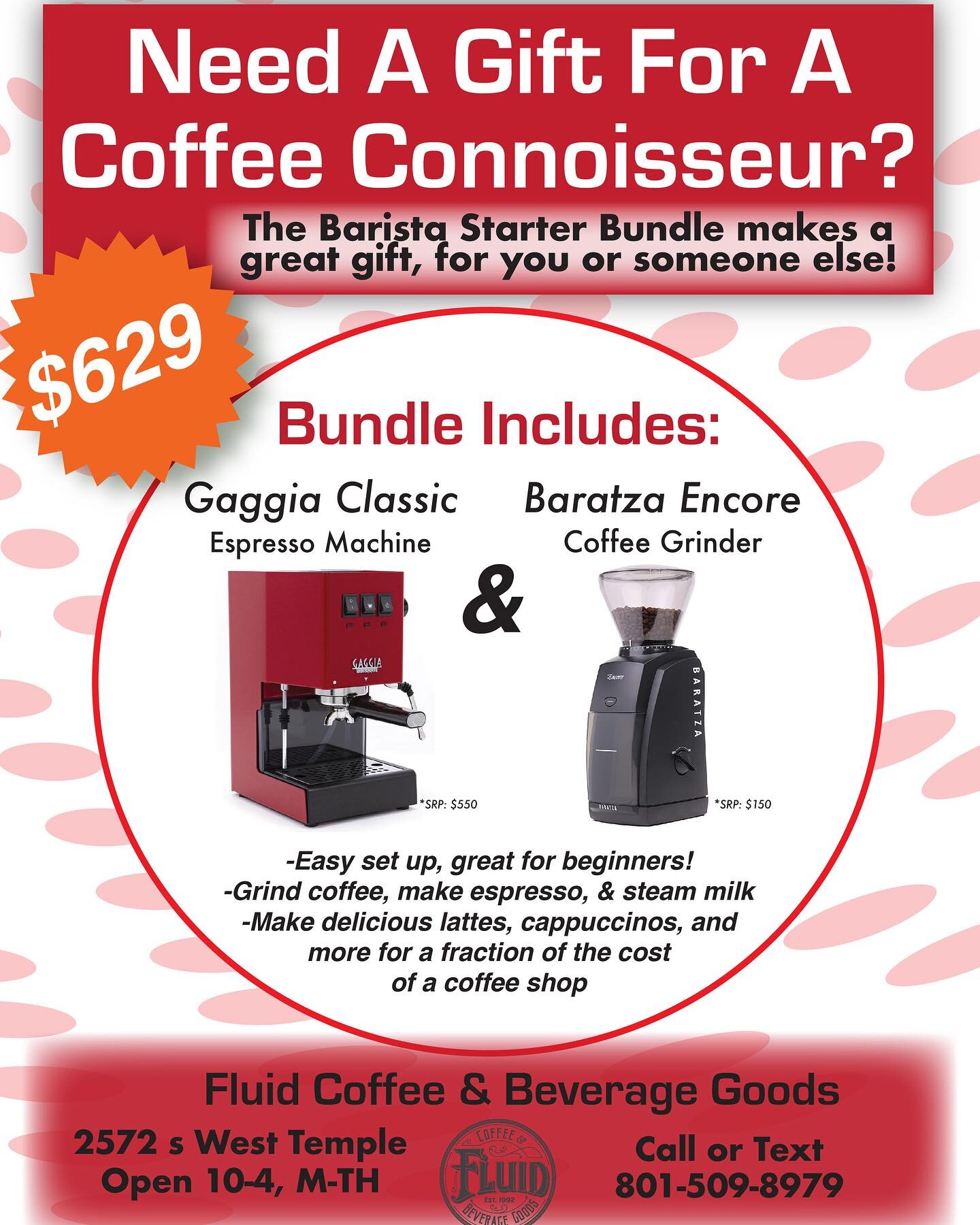 Hey espresso lovers! Get a head start on your holiday shopping this year with Fluid&rsquo;s Barista Starter Bundle! This bundle includes the Baratza Encore bean grinder, and the Gaggia Classic espresso machine, that comes in 5 colors: Red, blue, whit