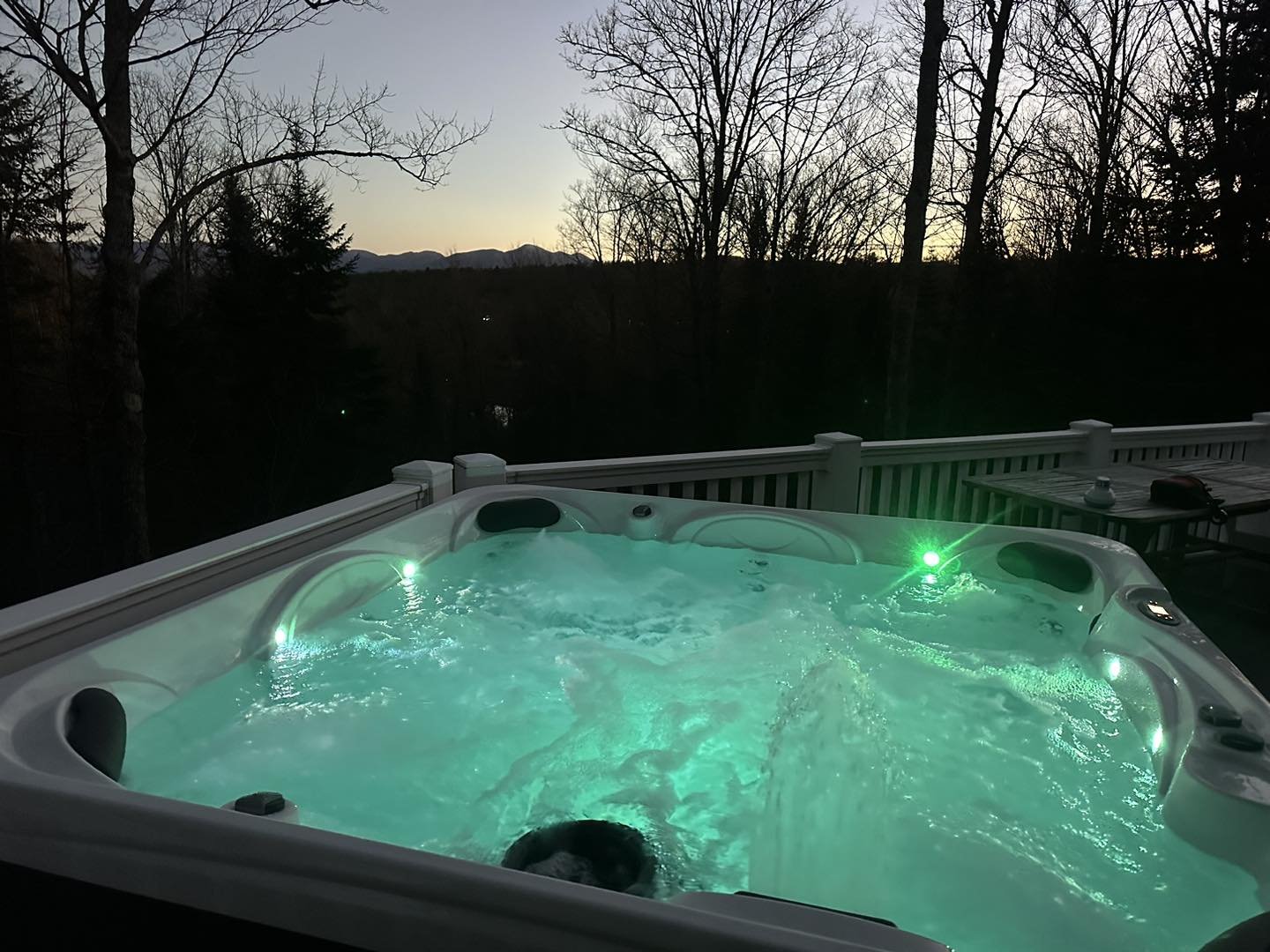 It&rsquo;s a perfect night to soak in a 103 degree hot tub! This customer&rsquo;s new spa from Lake Champlain Pools, Spas &amp; Stoves sits high up on their deck and overlooks the Adirondack Mountains and Lake Placid. You can even see Whiteface clear