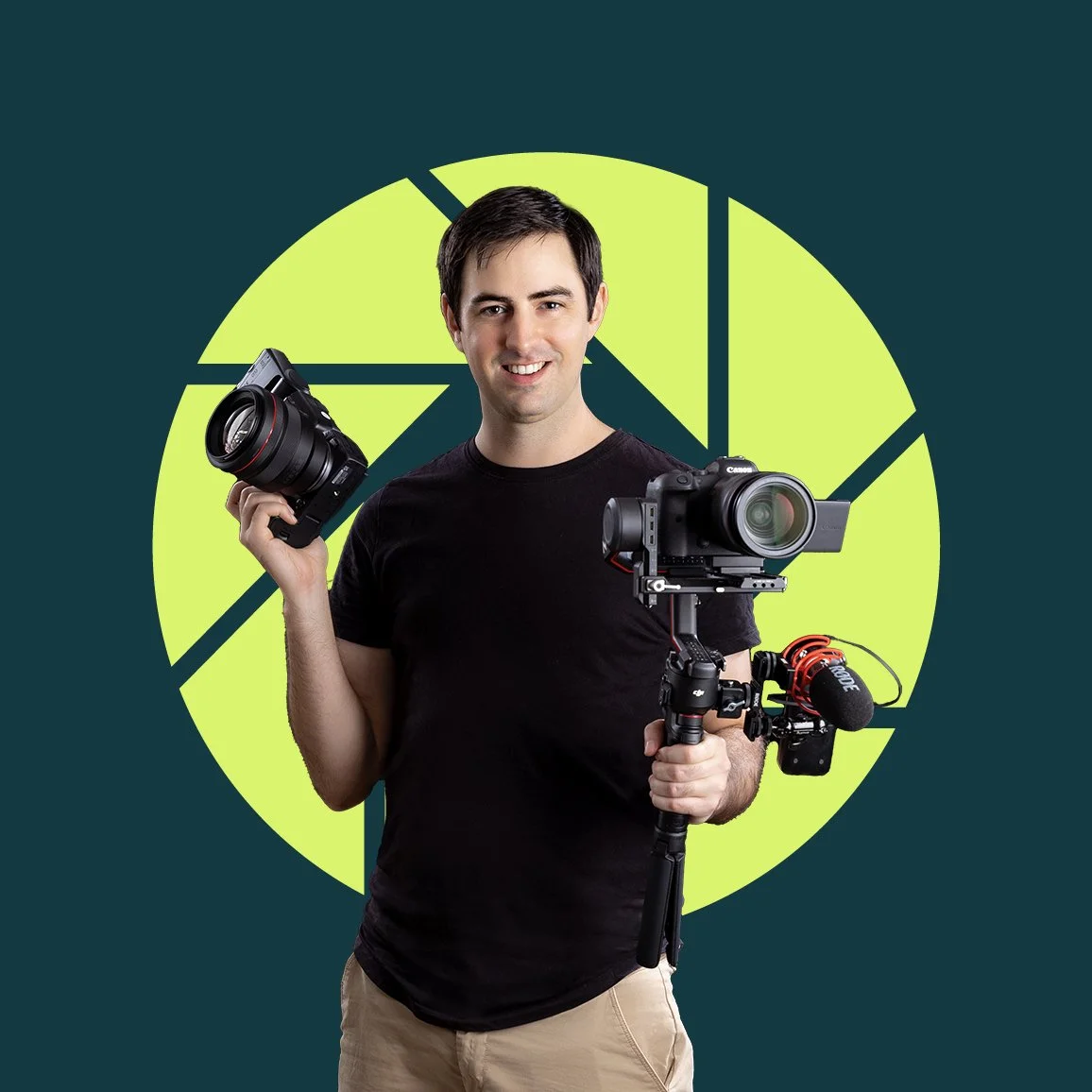 Iris Media owner Brent smiling, holding a professional camera in front of a green iris graphic on a dark background.