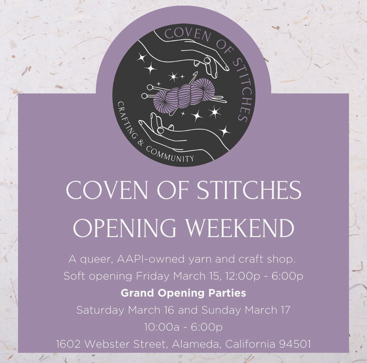 Coven of Stitches Crafting Community - Opening Weekend! 
Stop by the Grand Opening Parties happening Friday &amp; Saturday at 1602 Webster Street. 💗💓💗

#westalamedabusiness #craftshop #yarnstore #alamedaca #queerowned #aapiowned