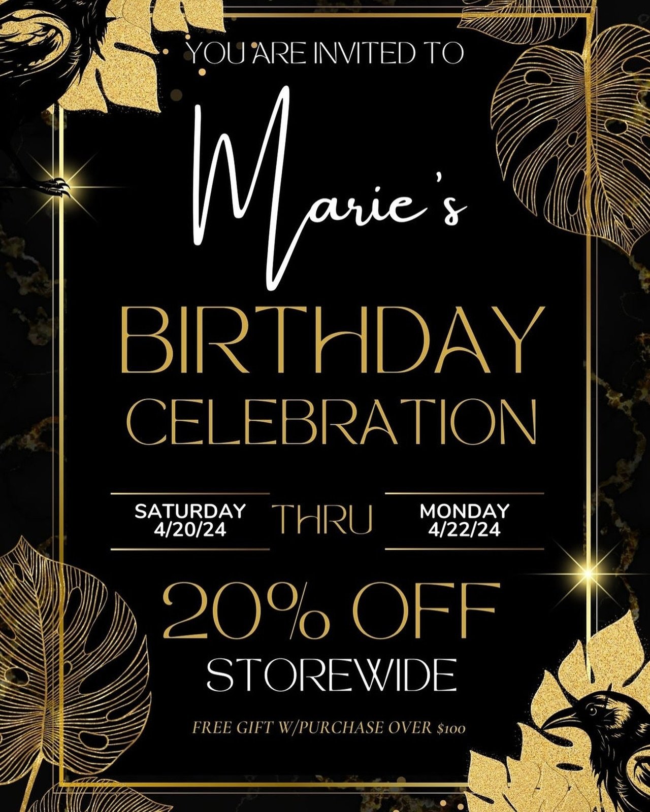 A Message to Magick Seekers from Feathered Outlaw:

This weekend is Marie Ortega&rsquo;s Birthday 🎂so celebrate with a Storewide Sale this weekend✨ 

Everything in the shop will be 20% off 🥳

Get some fun gifts with purchases for shoppers and bevie