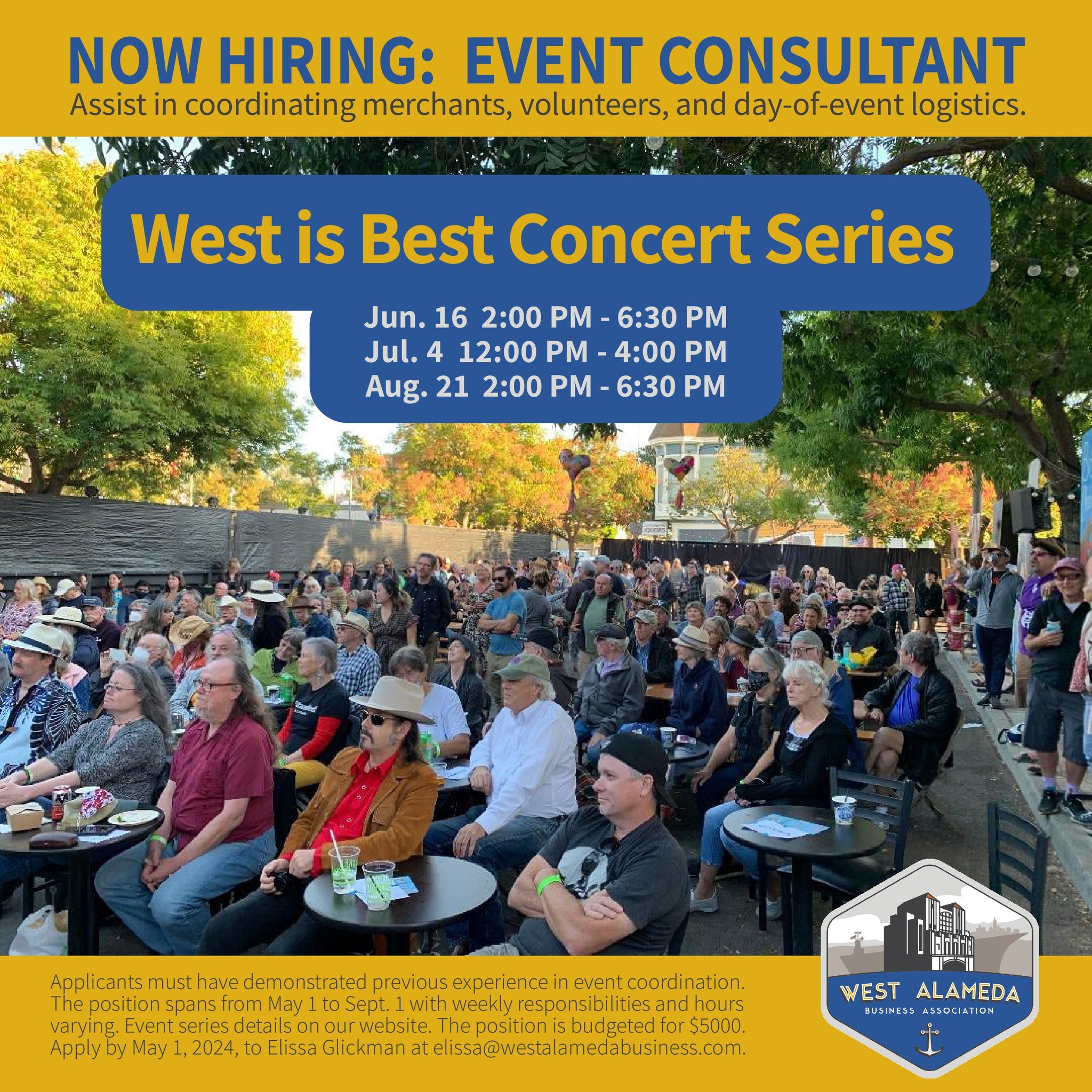 The West Alameda Business Association is seeking an Event Consultant for the West is Best Series to assist in coordinating merchants, volunteers, and day-of-event logistics.

West is Best is a vibrant celebration of community and culture in the heart