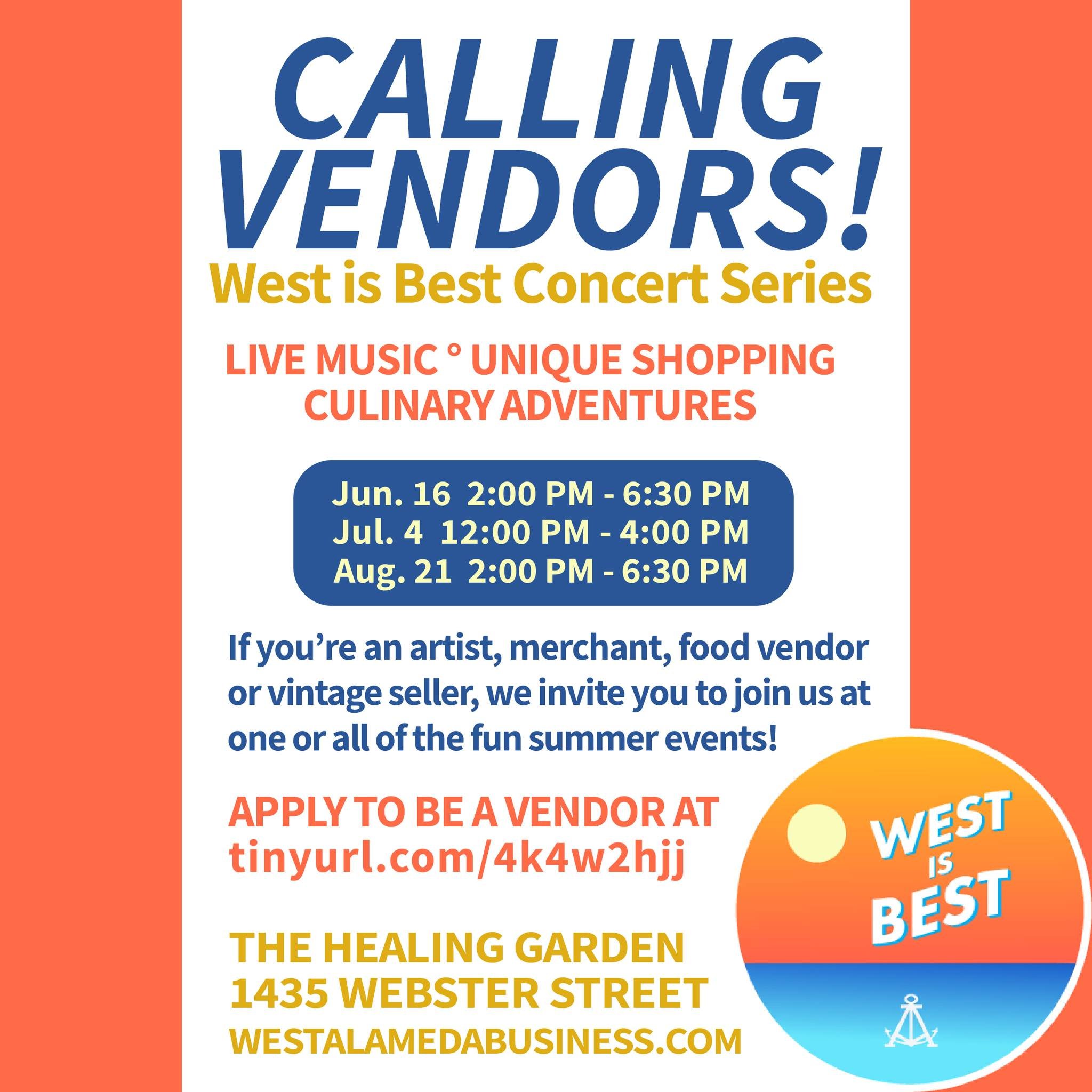 The West Alameda Business Association (WABA) Presents West is Best, a vibrant celebration of community and culture in the heart of West Alameda. 

Launching on June 16th in the WABA Healing Garden (1435 Webster Street, Alameda), West is Best promises