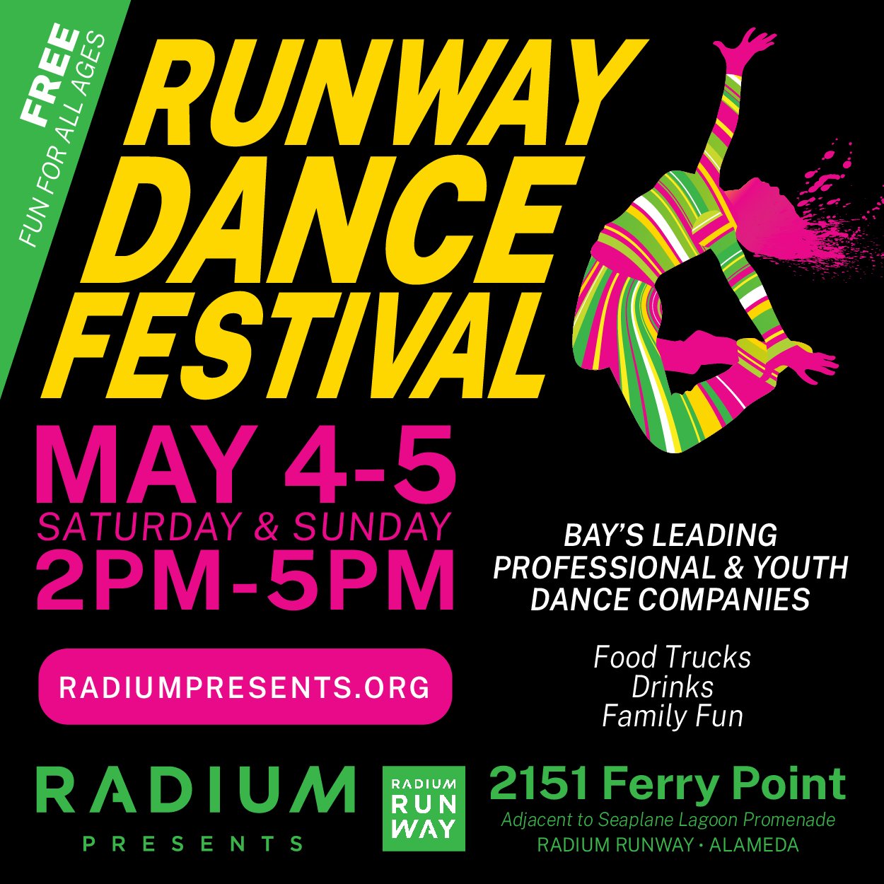 Radium Presents...
RUNWAY DANCE FESTIVAL
Saturday &amp; Sunday, May 4-5 @ 2pm
Free &amp; All Ages

For hardcore dance fans, curious adventurers, and casual drifters, Runway Dance Festival presents two days of dance, music, and stories, celebrating th