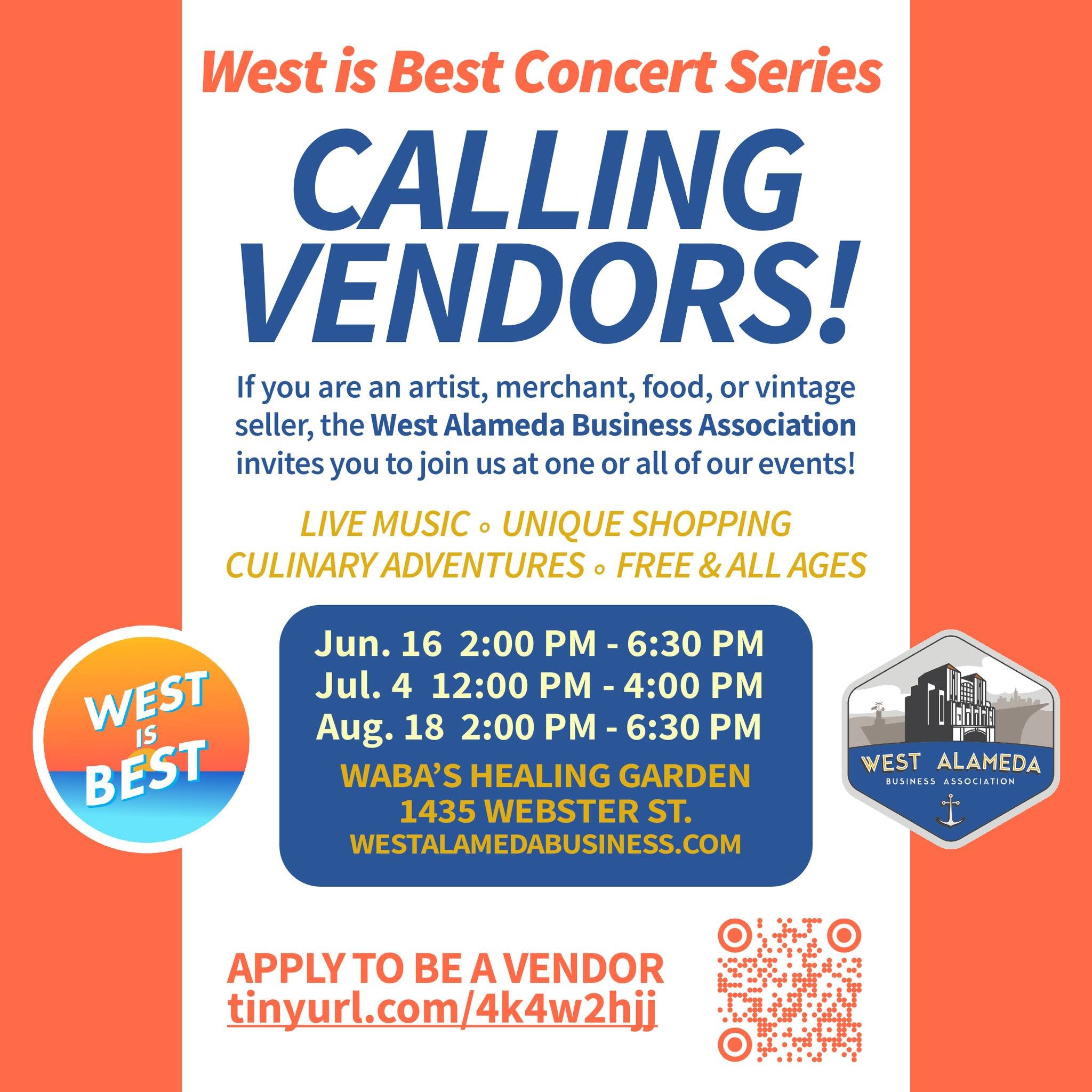 WABA is looking for artists, retailers, food and vintage sellers to join the free, family-friendly summer concert series, West is Best, taking place at The Healing Garden (1435 Webster St.) on Jun. 16, Jul. 4, and Aug. 18.

More details and applicati