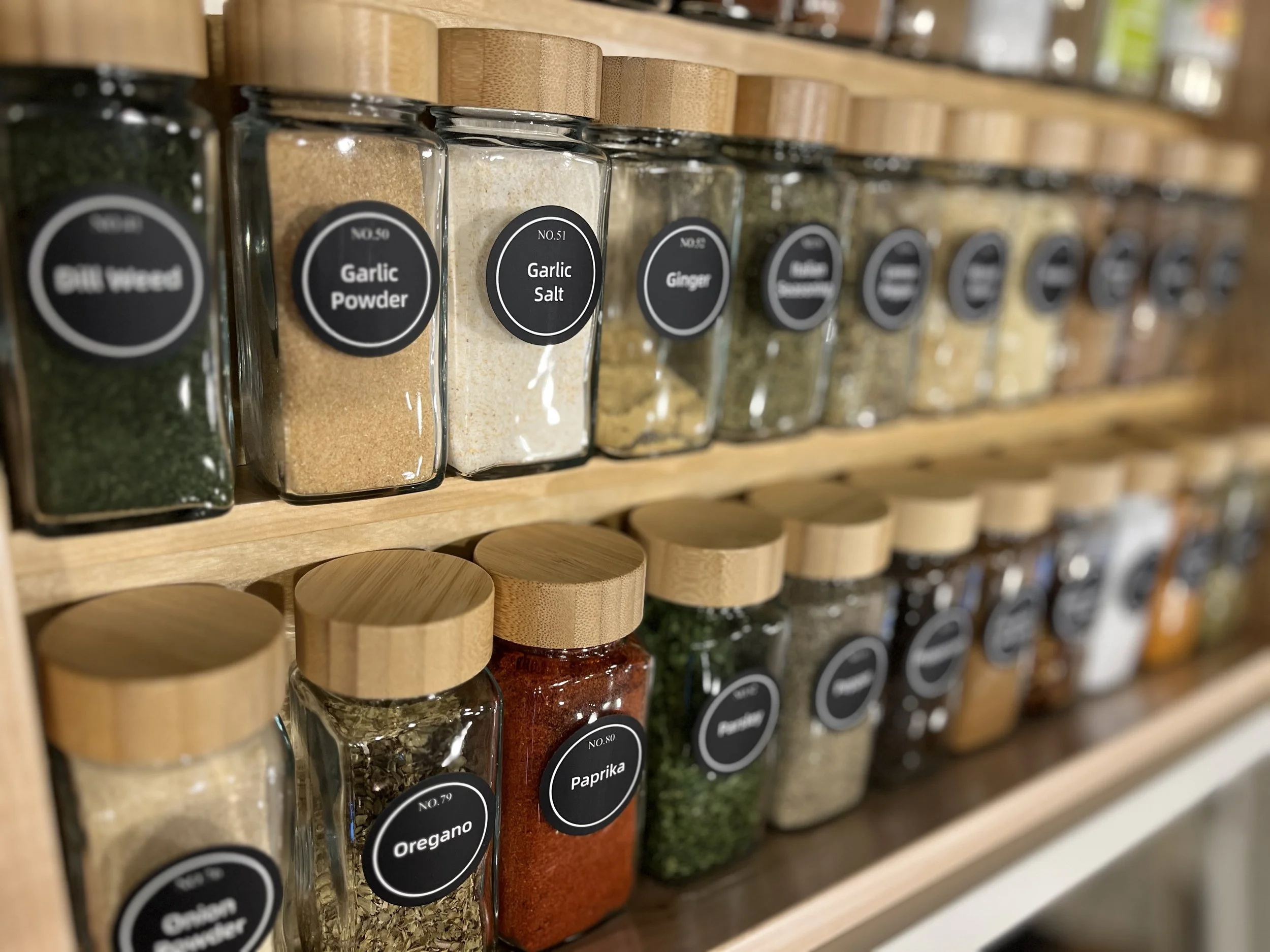 Rows of organized spice jars on a shelf