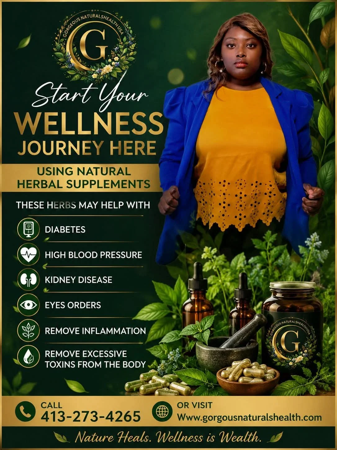 Advertisement for natural herbal supplements promoting wellness, featuring a woman in a yellow top and blue jacket, with bottles of herbal extracts and green leaves, and a list of health benefits including help with diabetes, high blood pressure, and kidney disease.