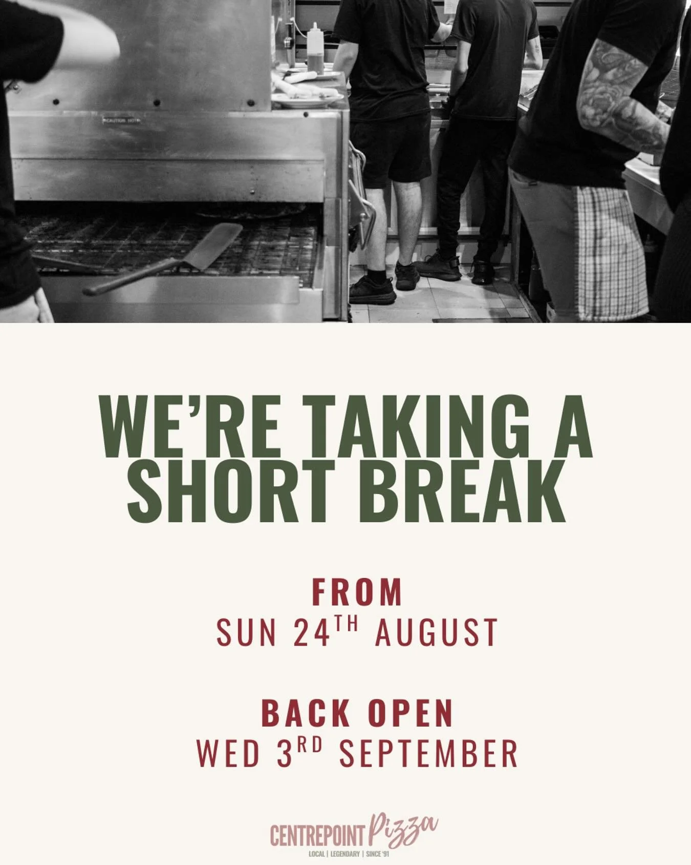 Heads up pizza &amp; pasta lovers 🍕

We&rsquo;re taking a little break from Aug 24th- Sept 3rd to recharge🔋

We&rsquo;ll be back with all your favourites and more Wednesday Sept 3rd 🫶🏼

#kiama #centrepointpizza #pizza #pasta #takingabreak