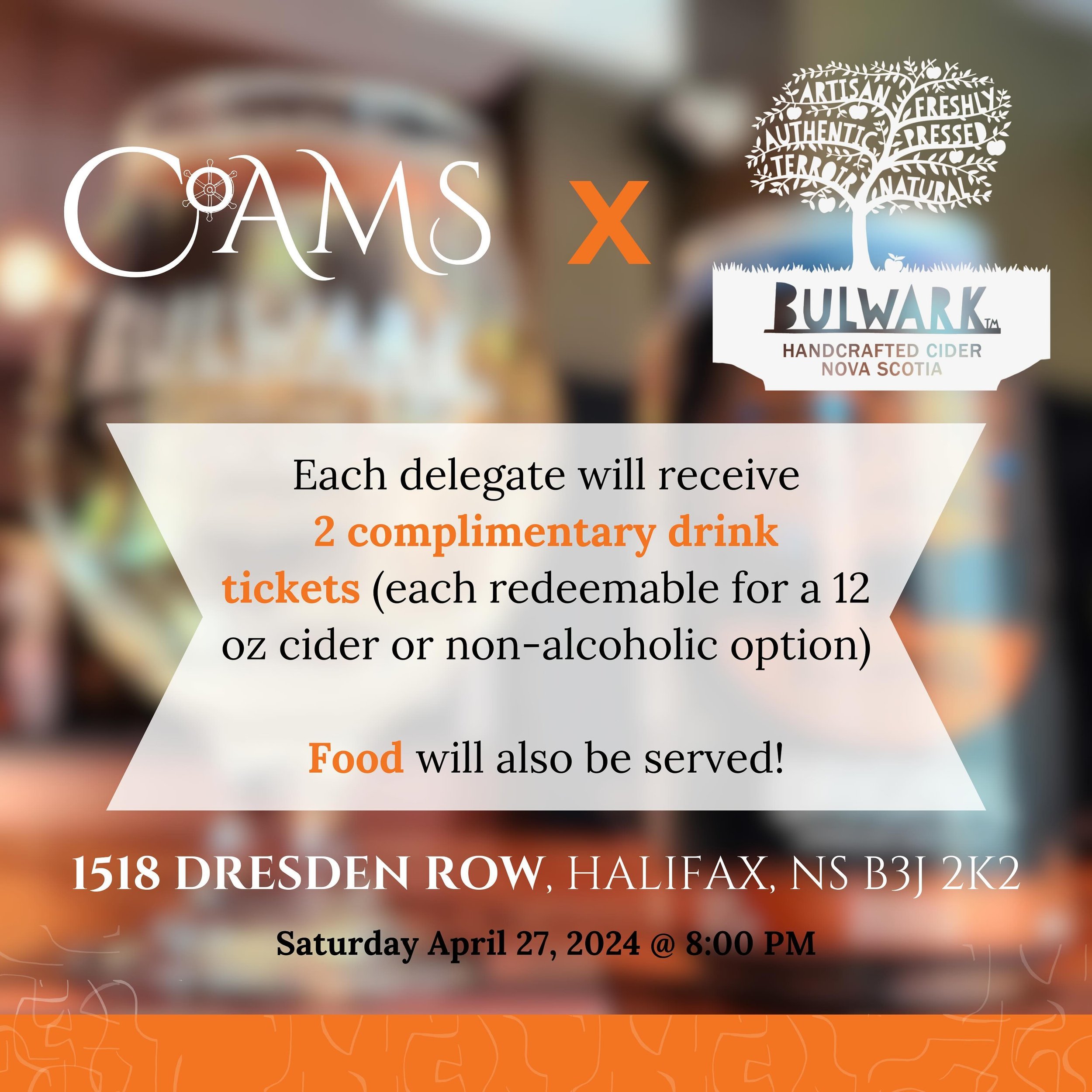 CoAMS x Bulwark

Each delegate will receive 2 complimentary drink tickets (each redeemable for a 12 oz cider or non-alcoholic option) 

Food will also be served!