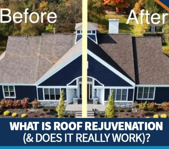 Side-by-side comparison of a house roof before and after roof rejuvenation, showing a darker, newer-looking roof in the after image.