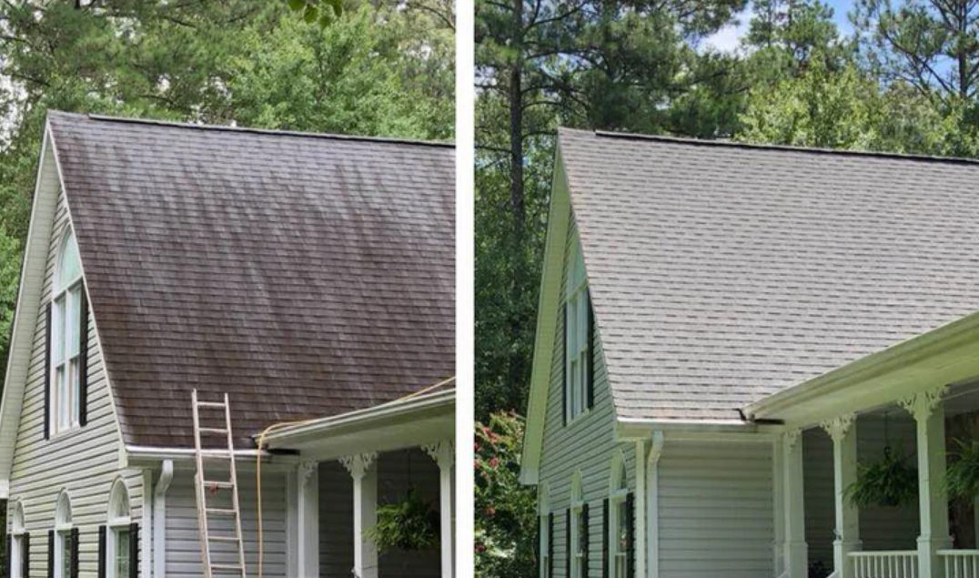 Side-by-side comparison of a house roof before and after cleaning, with the left side showing a dirty, stained roof and the right side showing a clean, restored roof.