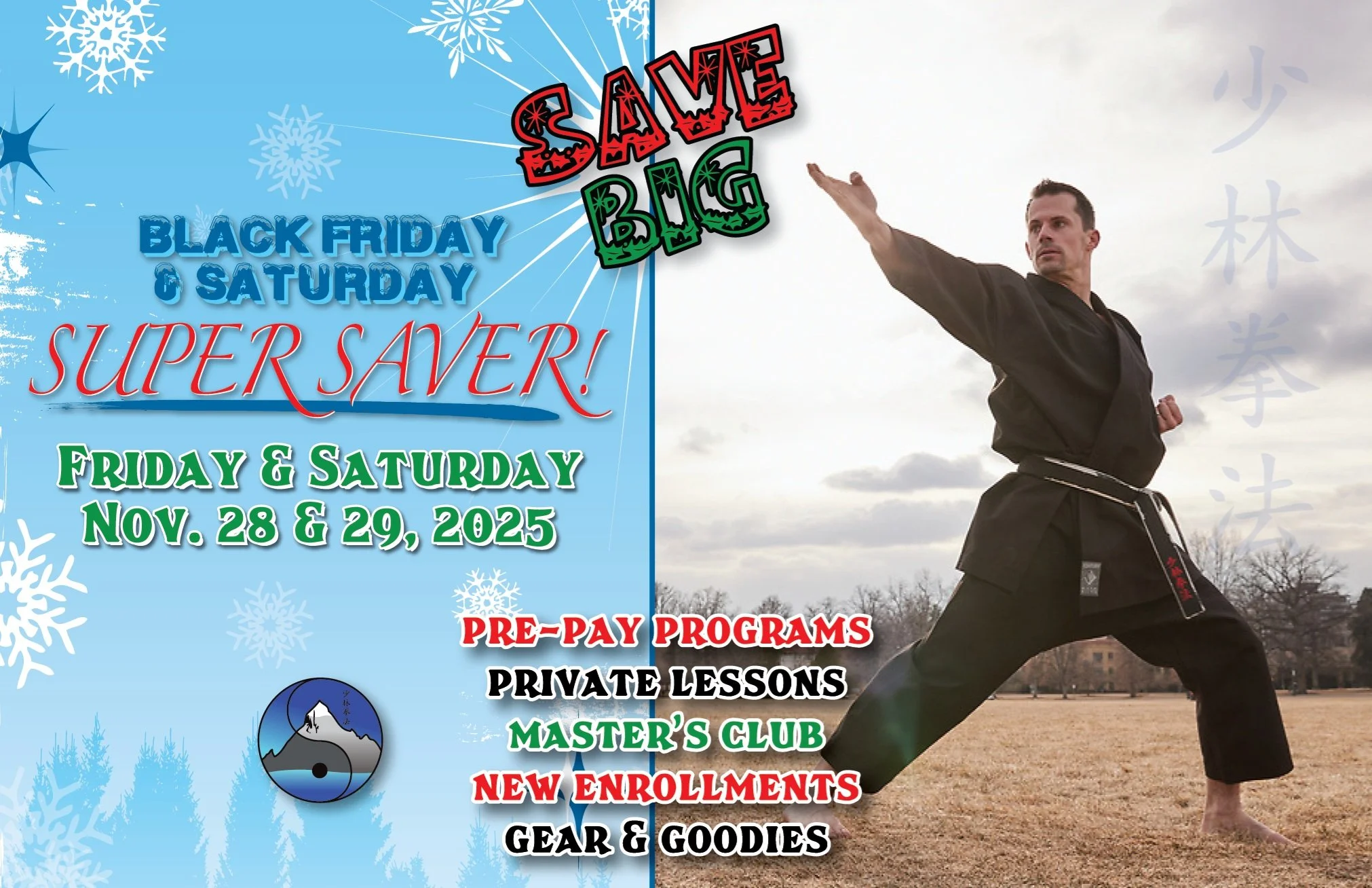Boulder Karate Super Saver Sale with Master Randolph pointing to "Save Big"