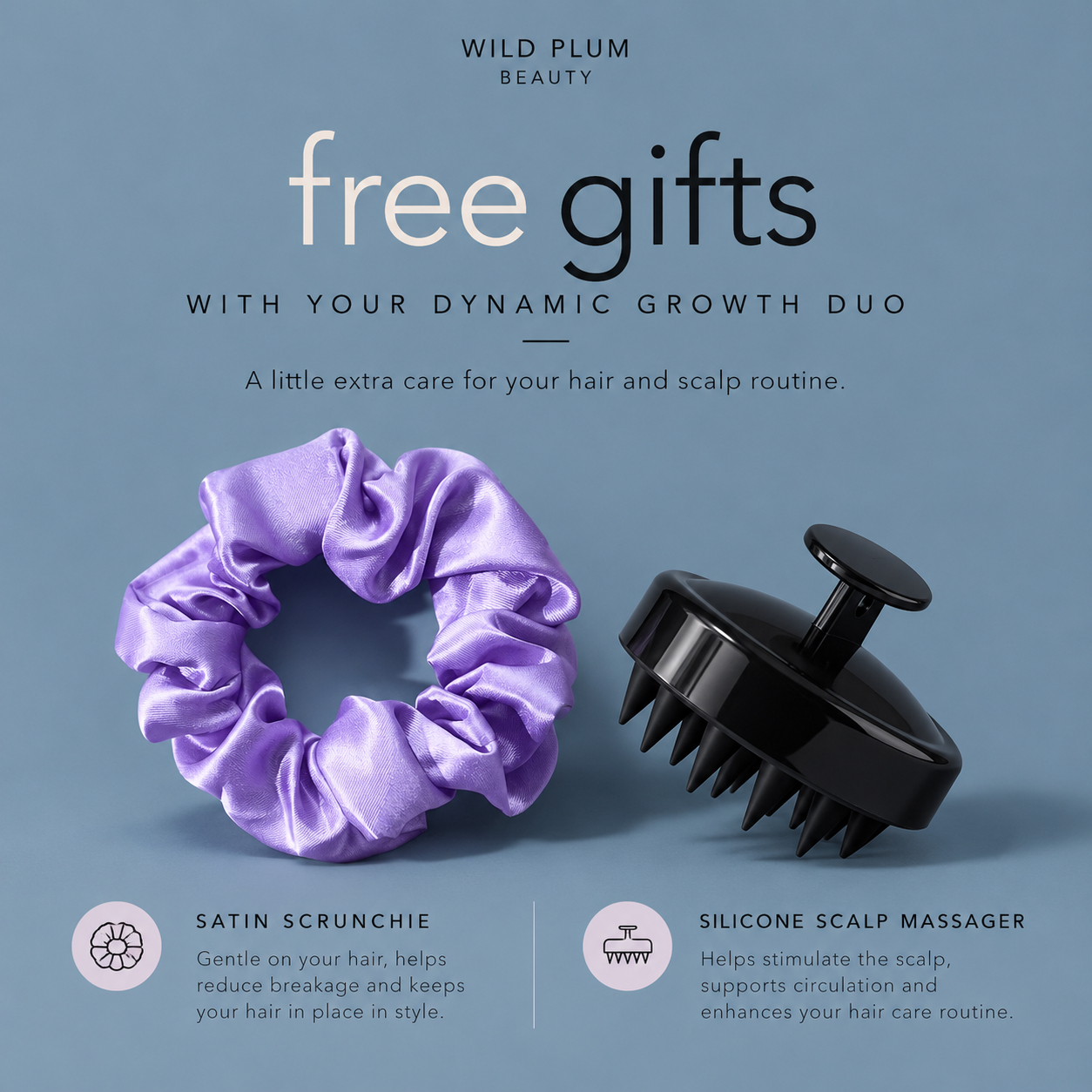 Wild Plum Beauty Dynamic Growth Duo featuring peptide growth and retention scalp spray, herbal scalp oil, free satin scrunchie and silicone scalp massager.