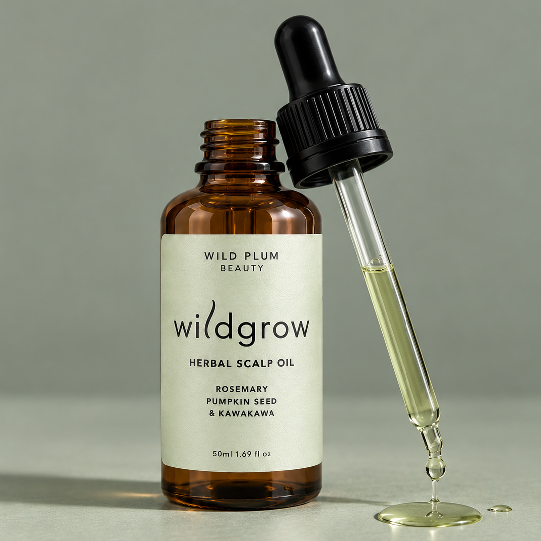Wildgrow pre-wash herbal scalp oil featuring rosemary, pumpkin seed and kawakawa