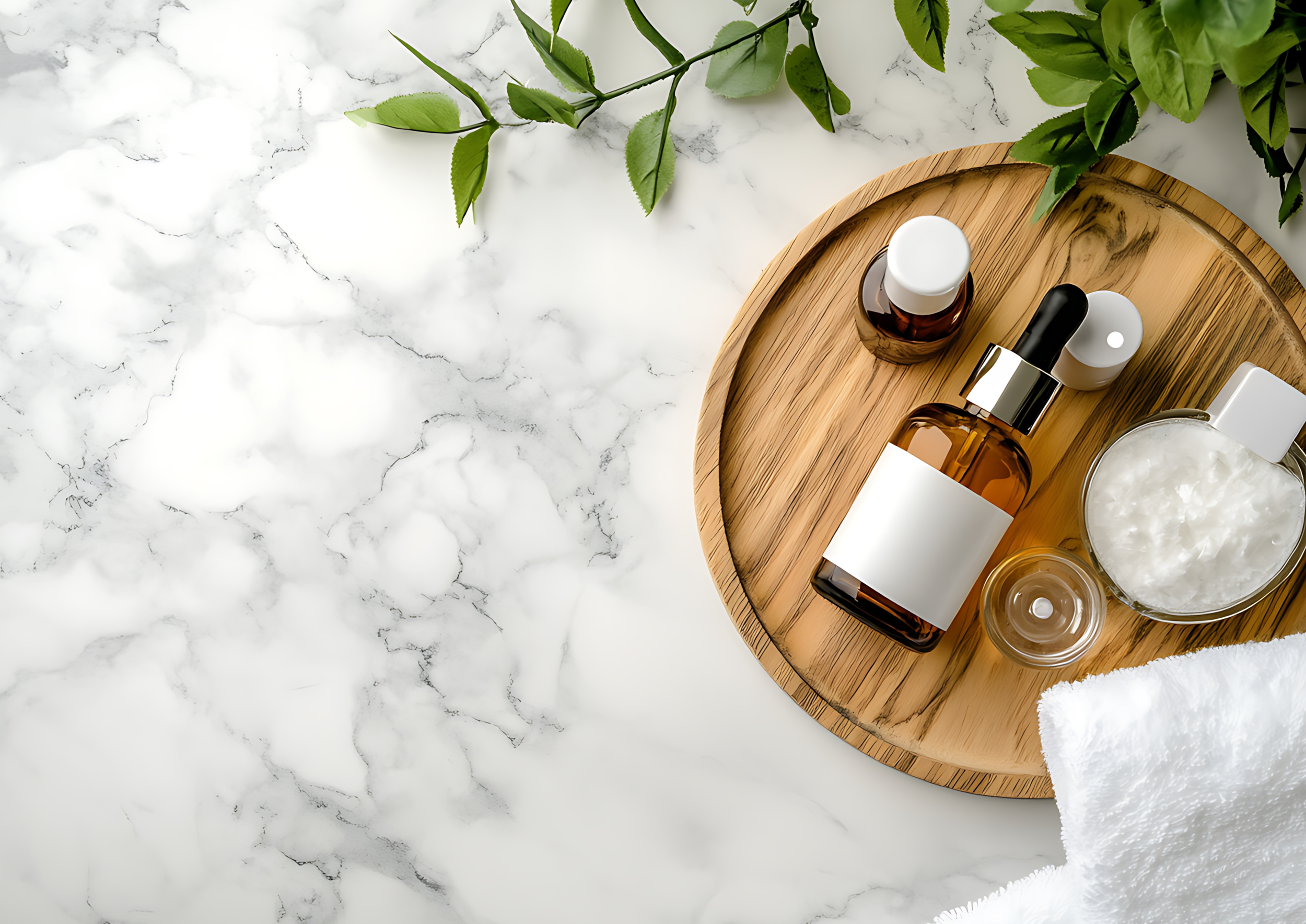 Skincare products on a round wooden tray with green leaves nearby, placed on a white marble surface, including bottles and a bowl of cotton pads.