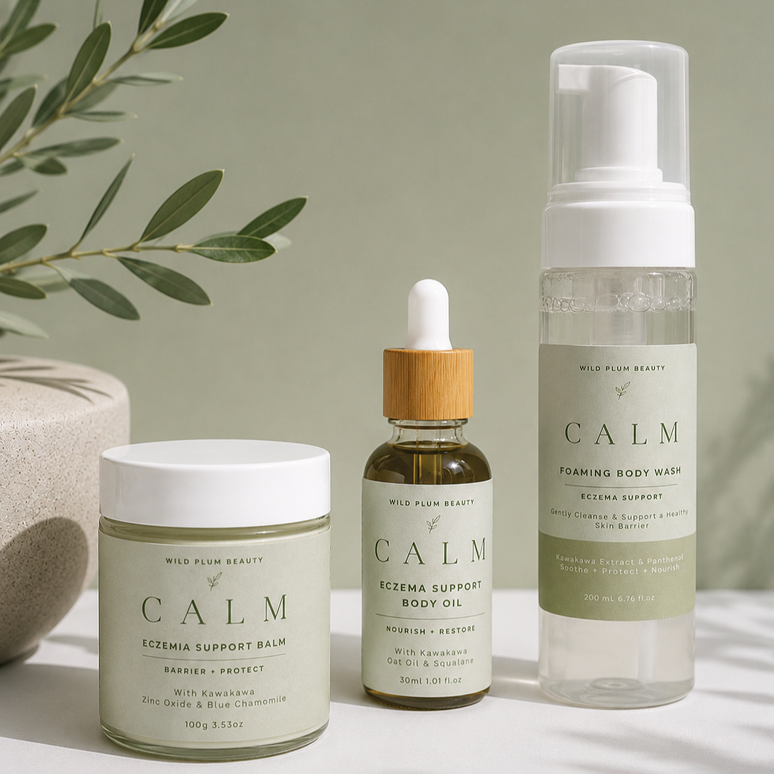 Calm Eczema Support System-Cleanse. Nourish. Protect. A complete three-step skincare system created for dry, itchy, sensitive and eczema-prone skin