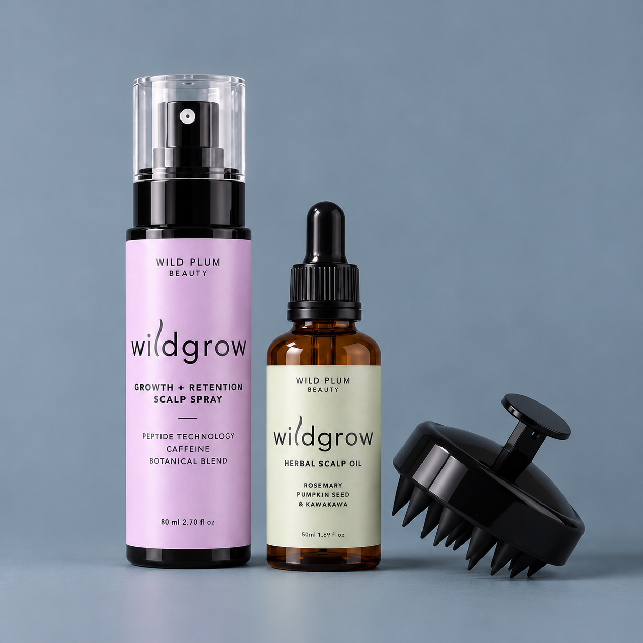 Wild Plum Beauty Dynamic Growth Duo featuring peptide growth and retention scalp spray, herbal scalp oil,