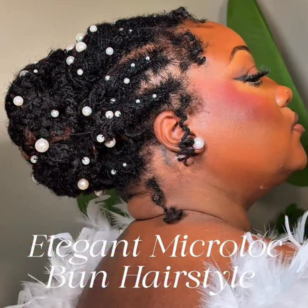 woman with microlocs bun hairstyle with gems and jewels