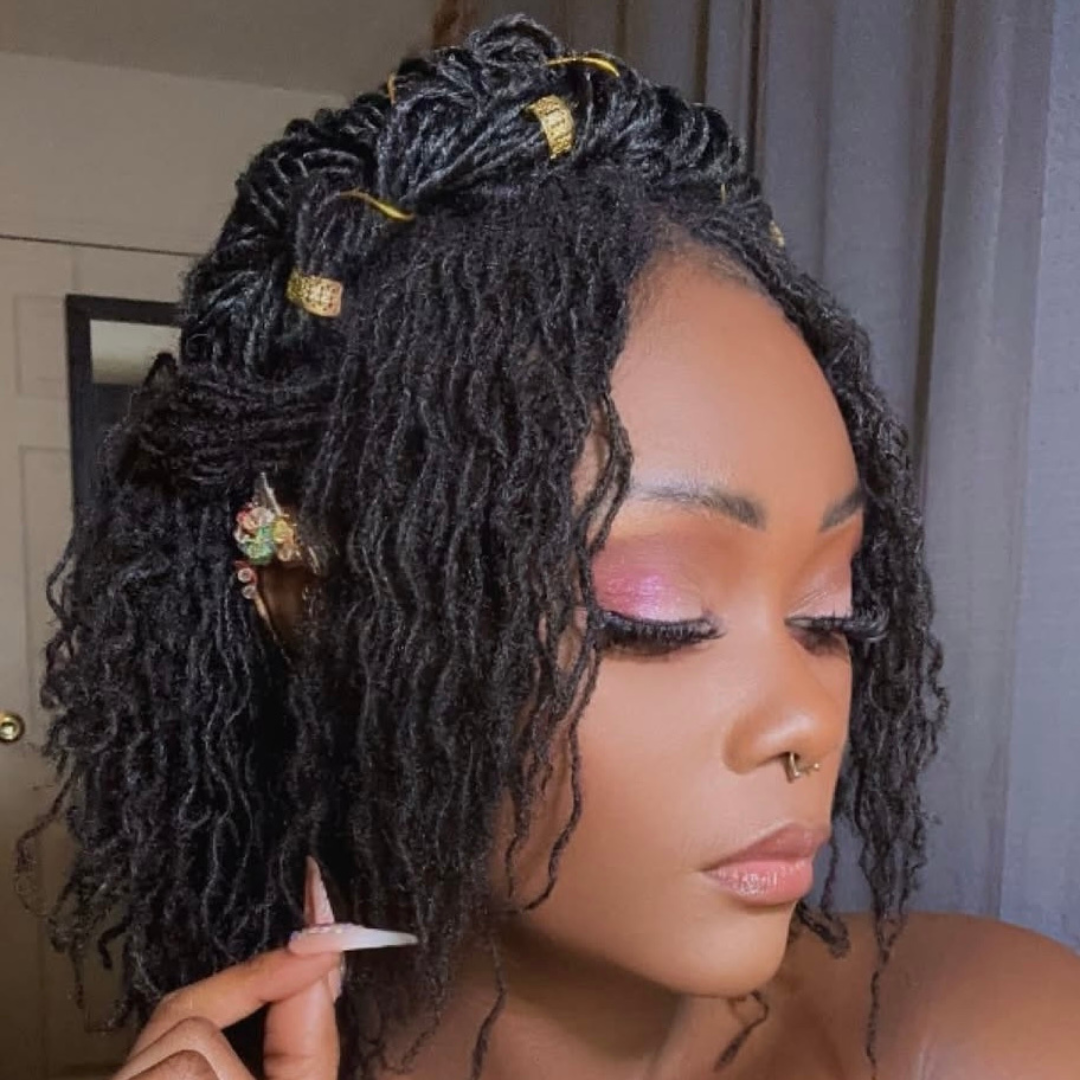 woman with microlocs and twistsed loc headband