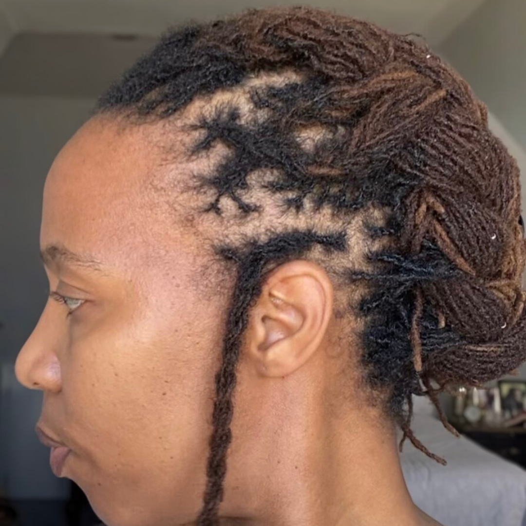woman with microlocs and halo braids