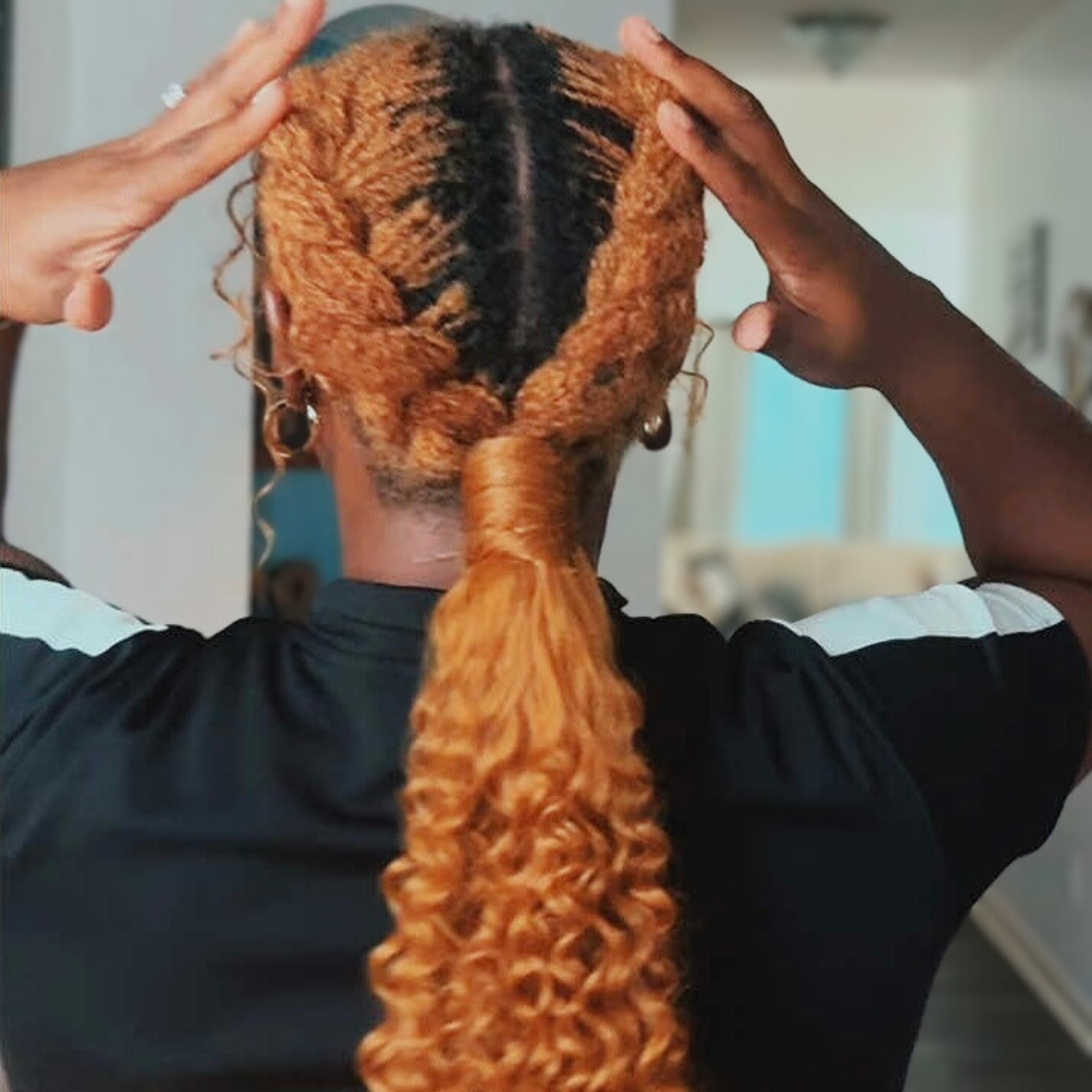 woman with microlocs and ponytail extension