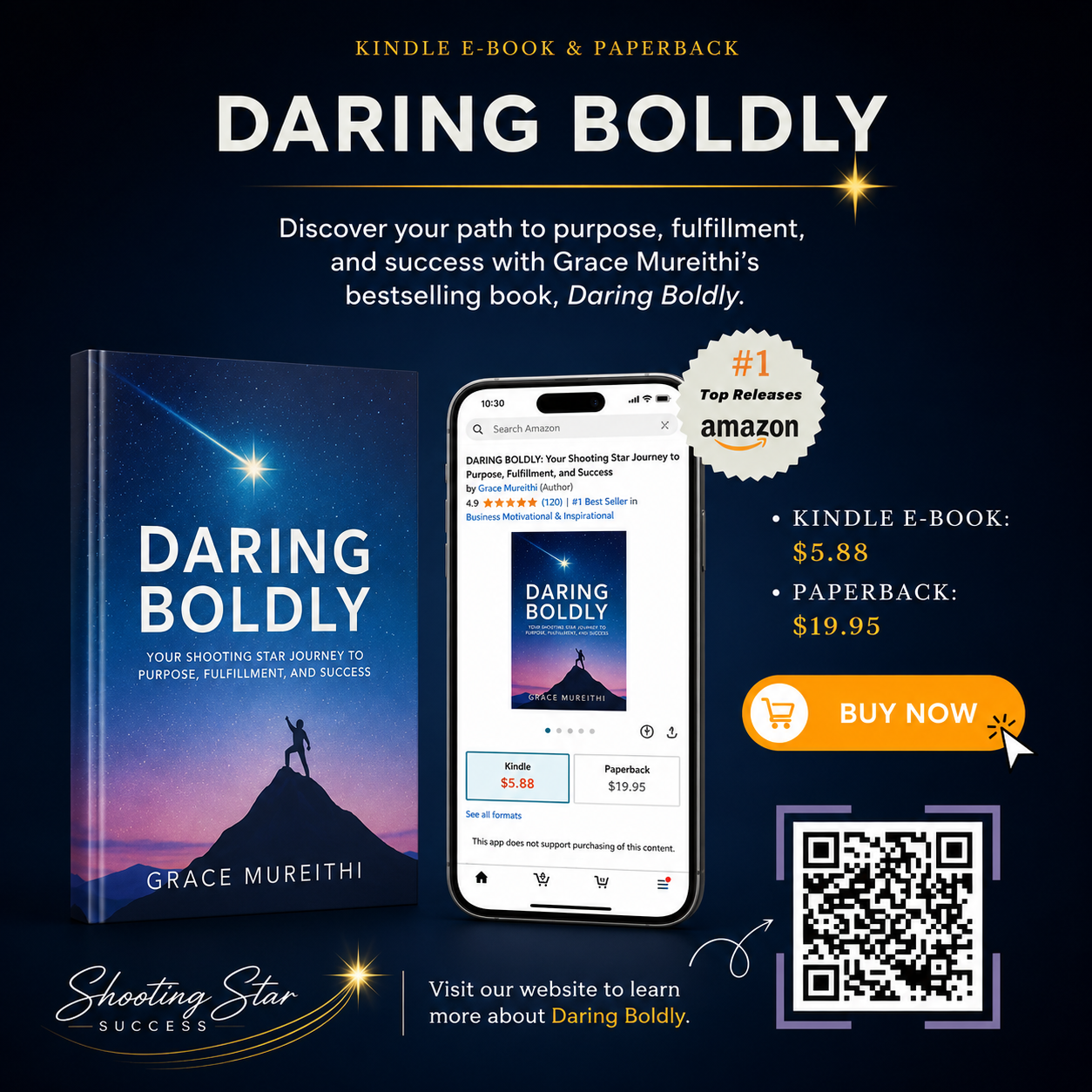 Advertisement for the book "Daring Boldly" by Grace Mureithi, featuring its cover, a phone showing the Amazon listing, pricing details for Kindle and paperback, a "Buy Now" button, a QR code, and promotional text about the book and author.