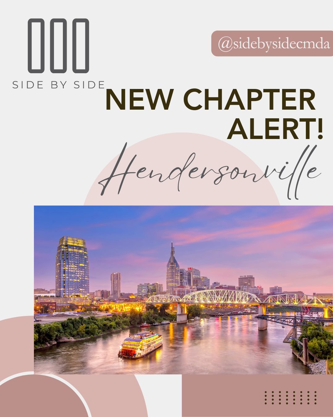 🎉 New Chapter Alert! We are thrilled to announce the launch of a new chapter of Side By Side in Hendersonville, TN! Known as the “City by the Lake,” Hendersonville is home to beauty, music history, and now — a growing community of